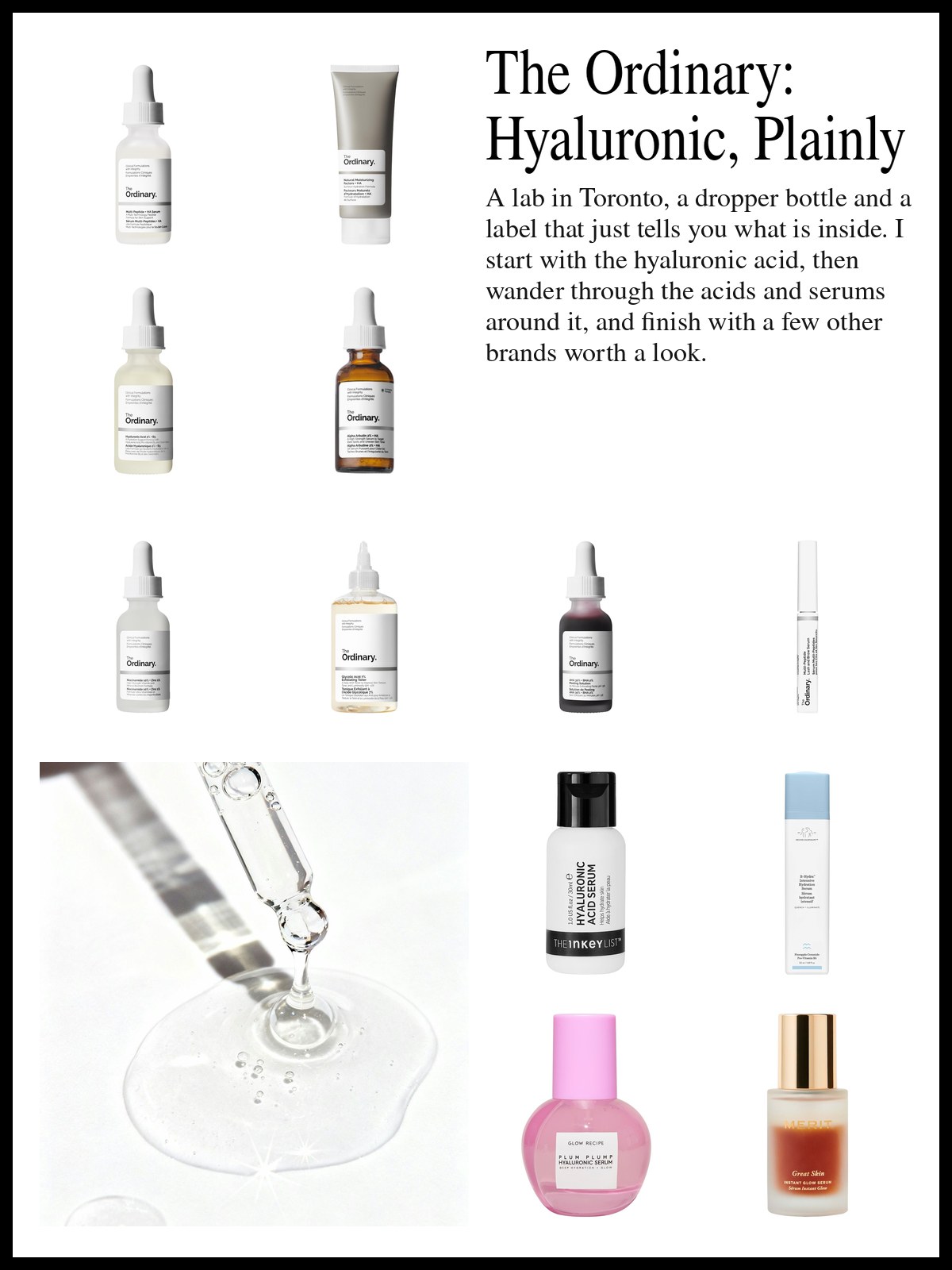Collage of The Ordinary hydrating serums, exfoliating acids and a moisturizer beside hyaluronic serums from other brands and a mood photo of a glass dropper releasing clear serum.