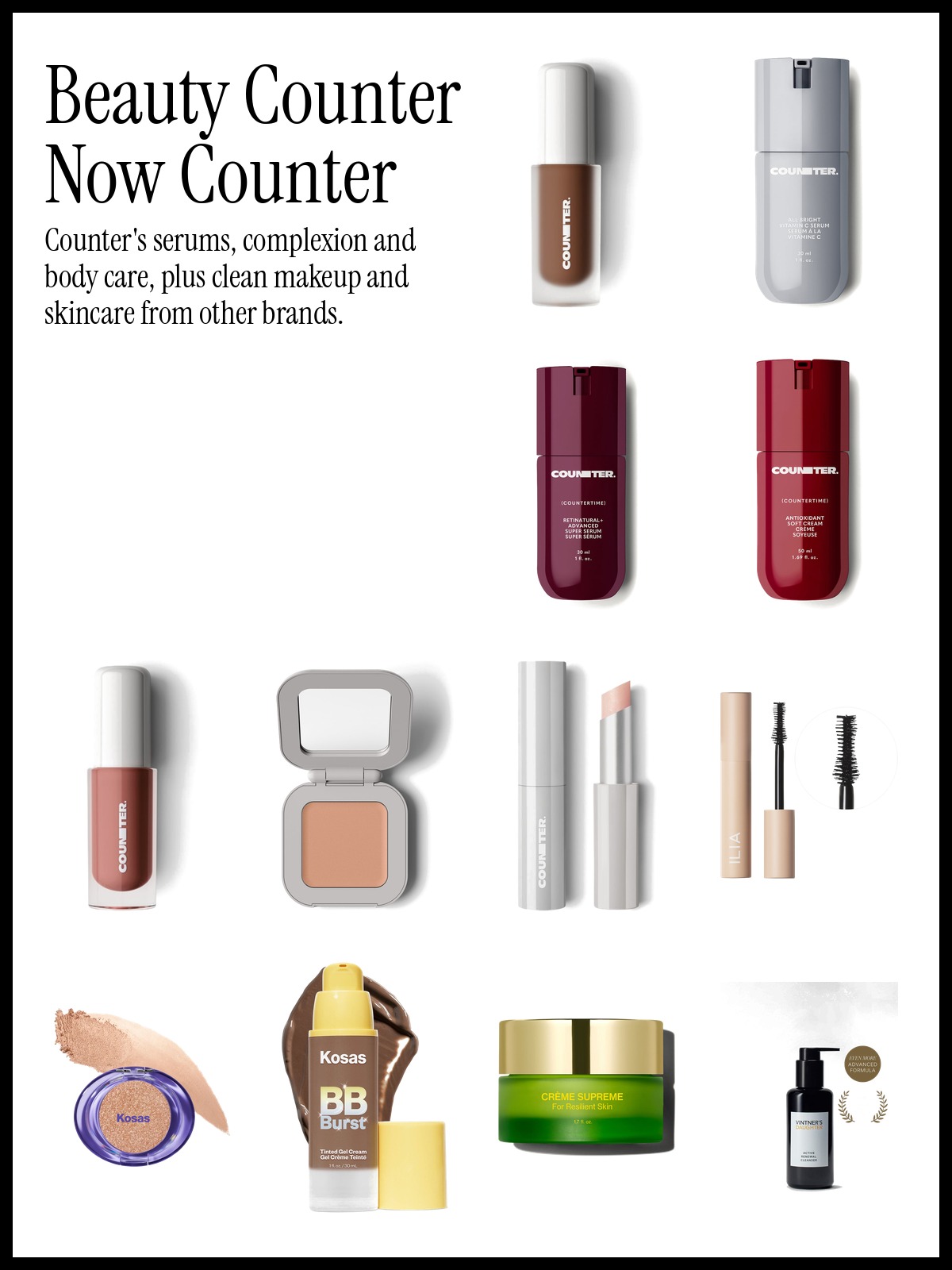 Collage of Counter Skin Twin Creamy Concealer, Counter Beyond Gloss and ILIA Fullest Volumizing Mascara