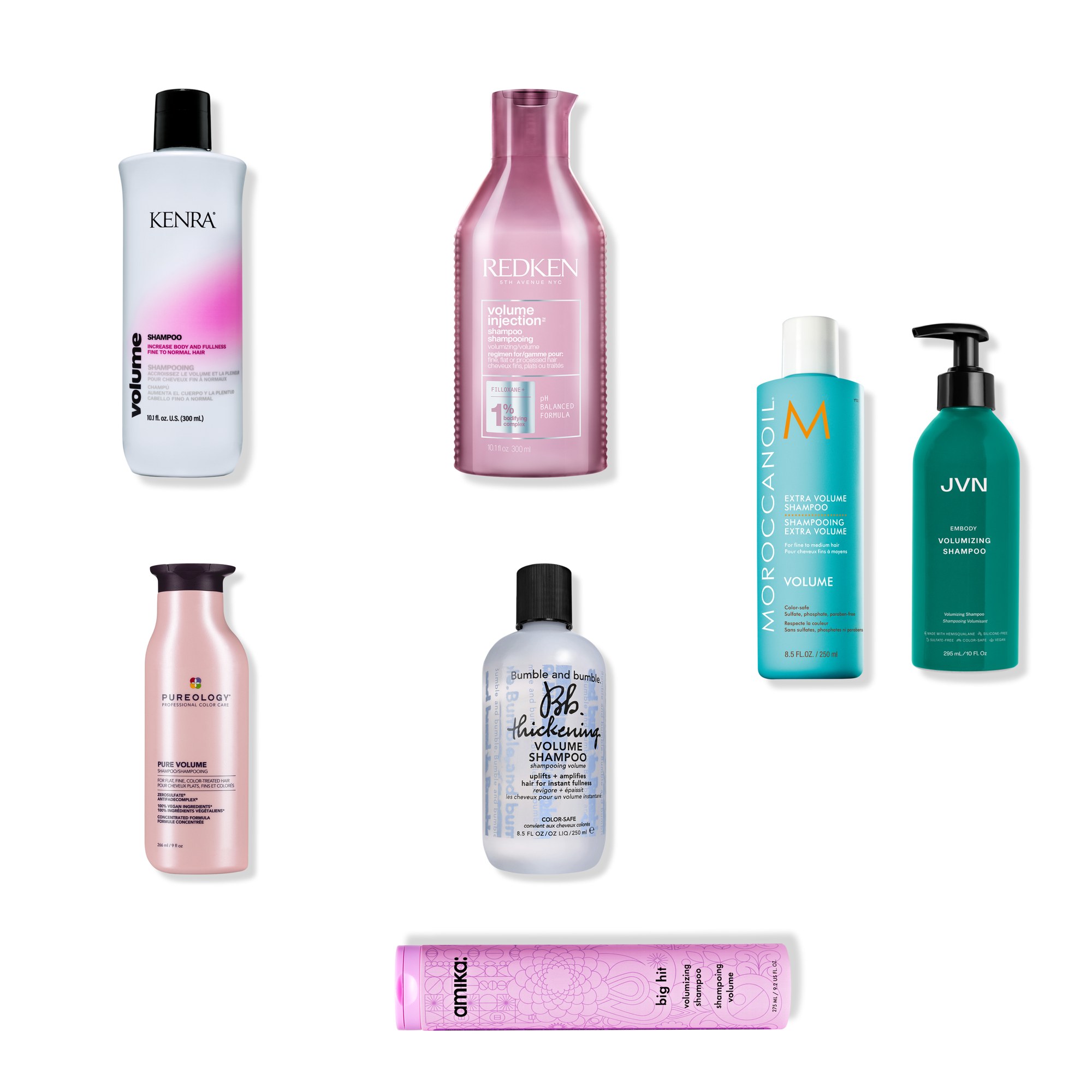 A collage of the volumizing shampoos in this edit, from focused root cleansers to lighter everyday formulas, arranged on a white background.