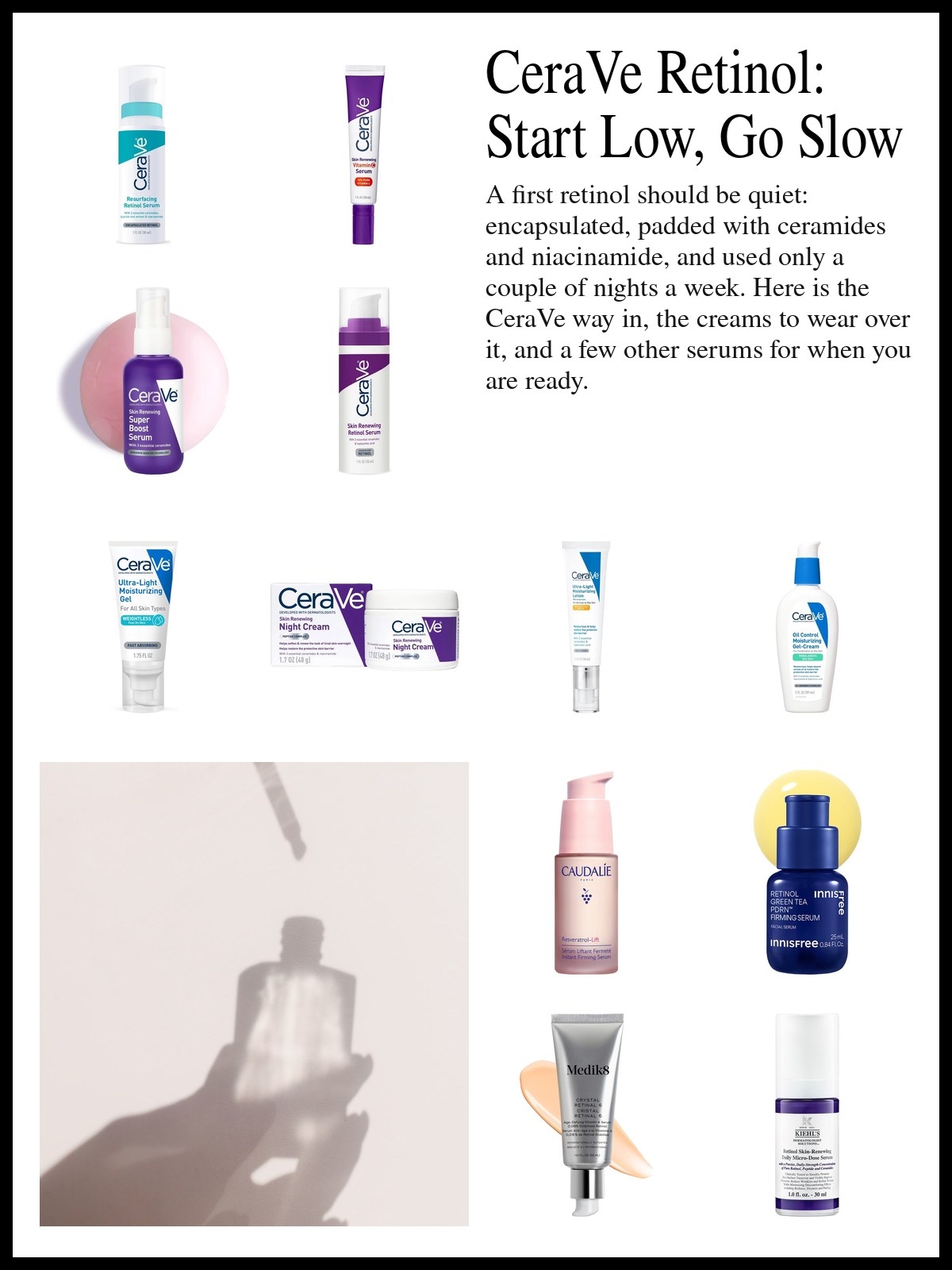 Collage of CeraVe serums and face moisturizers beside retinol serums from other brands and a mood photo of the shadow of a dropper bottle on a pale wall.
