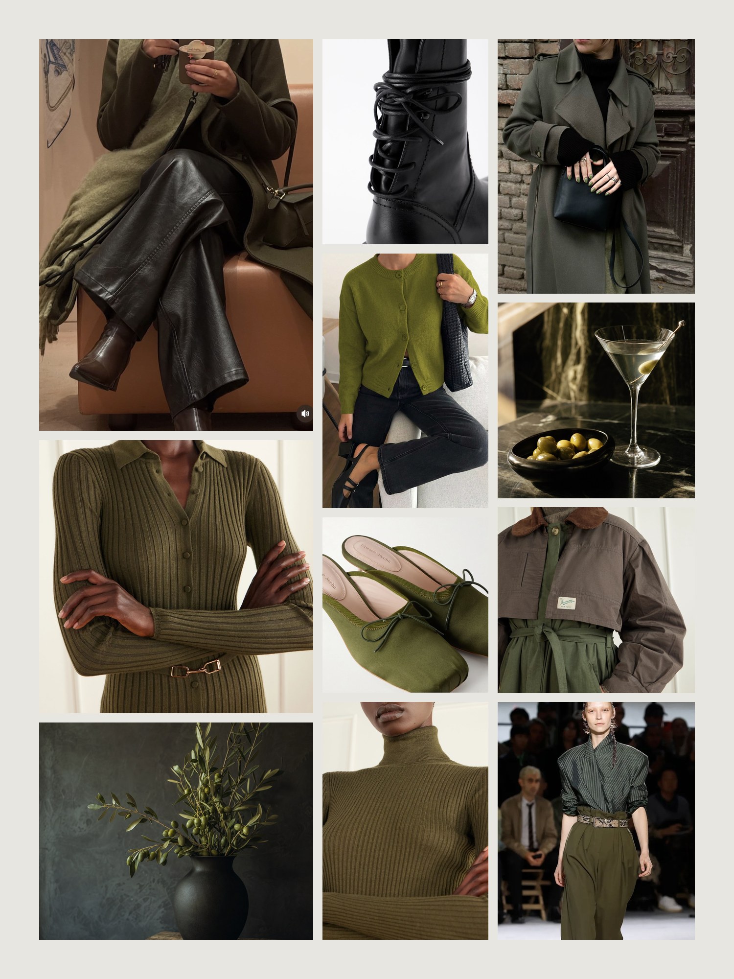 Mood board for olive green and black outfits: four street-style photos of women wearing olive green and black, close-ups of the Simone Rocha pumps, the Ann Demeulemeester ankle boots, the Gabriela Hearst sweater, the Gabriela Hearst midi dress and the Sea trench coat from this edit, and two still lifes in both colors