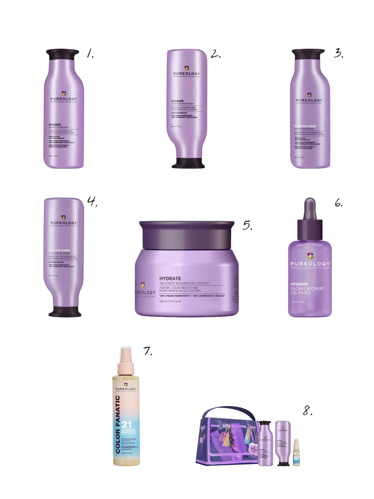 Numbered collage: 1. Pureology Hydrate Shampoo For Dry Hair; 2. Pureology Hydrate Conditioner For Dry Hair; 3. Pureology Hydrate Sheer Shampoo for Fine Hair; 4. Pureology Hydrate Sheer Conditioner for Fine Hair; 5. Pureology Hydrate Hair Mask for Dry Hair; 6. Pureology Hydrate Glow Catcher Hair Oil For Moisture and Shine; 7. Pureology Color Fanatic Heat Protectant Leave-In Conditioner; 8. Pureology Hydrate Shampoo, Conditioner & Color Fanatic Hair Gift Set