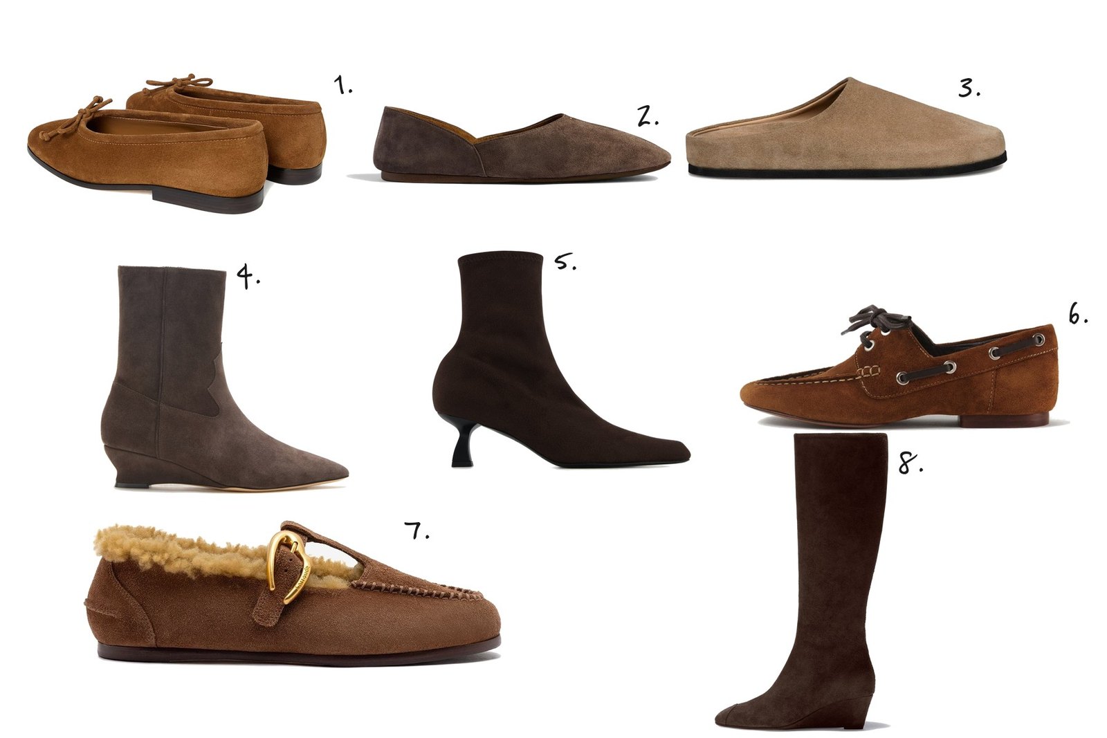 Numbered collage: 1. Loeffler Randall Noelle Suede Ballet Flat in Cacao; 2. Khaite Jane Flat in Sable Suede; 3. Dear Frances Vico Mule in Caramel Suede; 4. Le Monde Béryl Camille Boot in Pepper Suede; 5. Nodaleto Dona Stretch Boot 50 in Dark Brown Suede; 6. Souliers Martinez Moka Laced Suede Flat; 7. Larroudé Hydra Shearling Moccasin in Burnt Umber; 8. aeyde Hana Knee-High Suede Boot