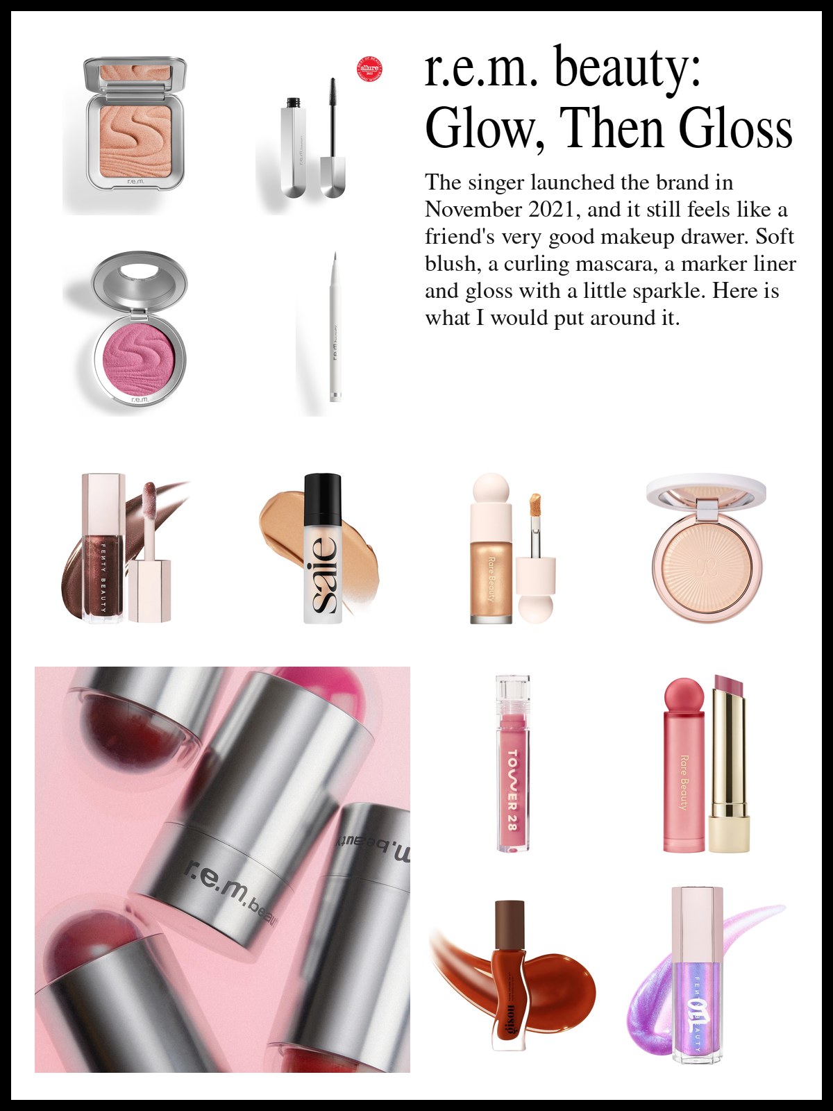 Collage of r.e.m. beauty makeup, highlighters and lip oils beside a photo of a rose-toned lipstick, a bronze-tipped stick, a flat-topped black-handled brush and a smoky glass bottle standing on a glossy pale surface.