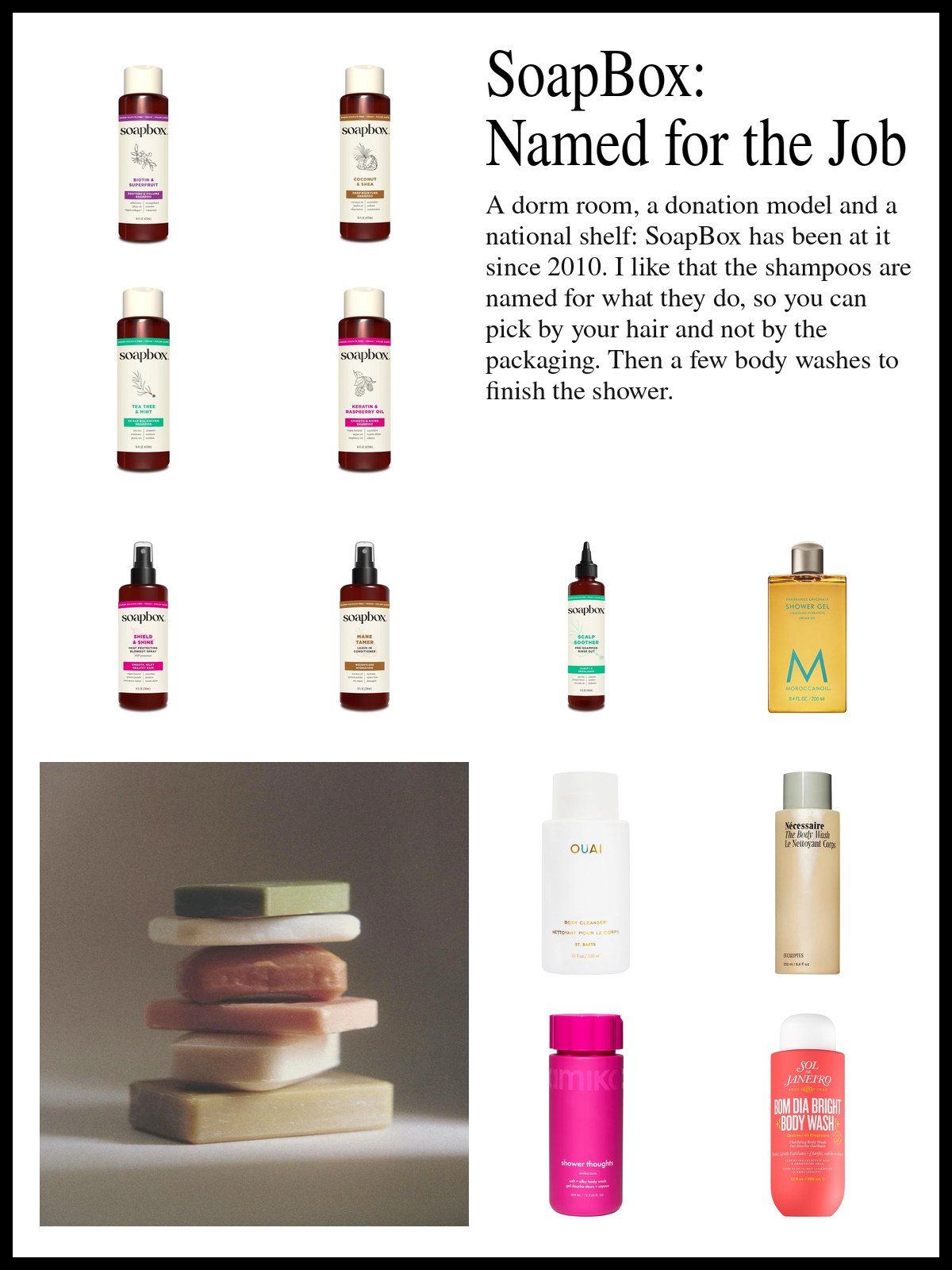 Collage of shampoo bottles, a scalp soother, a leave-in conditioner, a heat spray and body washes, and a mood photo of a neat stack of soap bars.