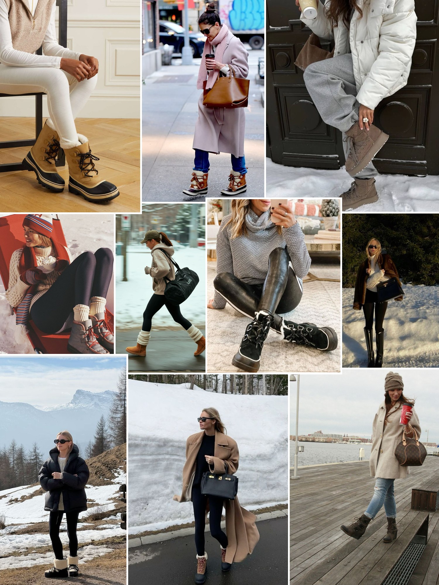 Collage of everyday outfits built around Sorel boots