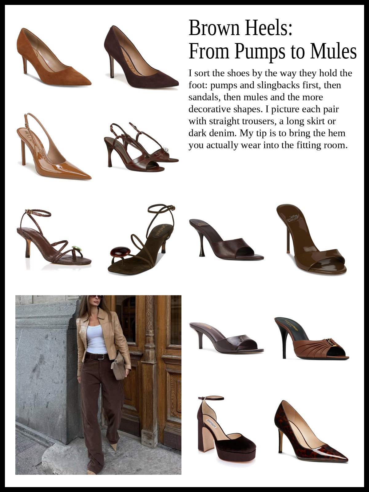 Collage of brown pumps and slingbacks, brown heeled sandals, brown mules and slides, and brown heels with a twist