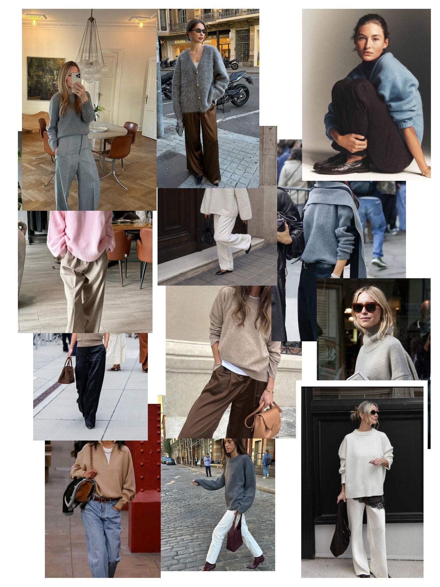 Street-style collage of 12 outfit photos featuring cashmere sweater, scattered and overlapping