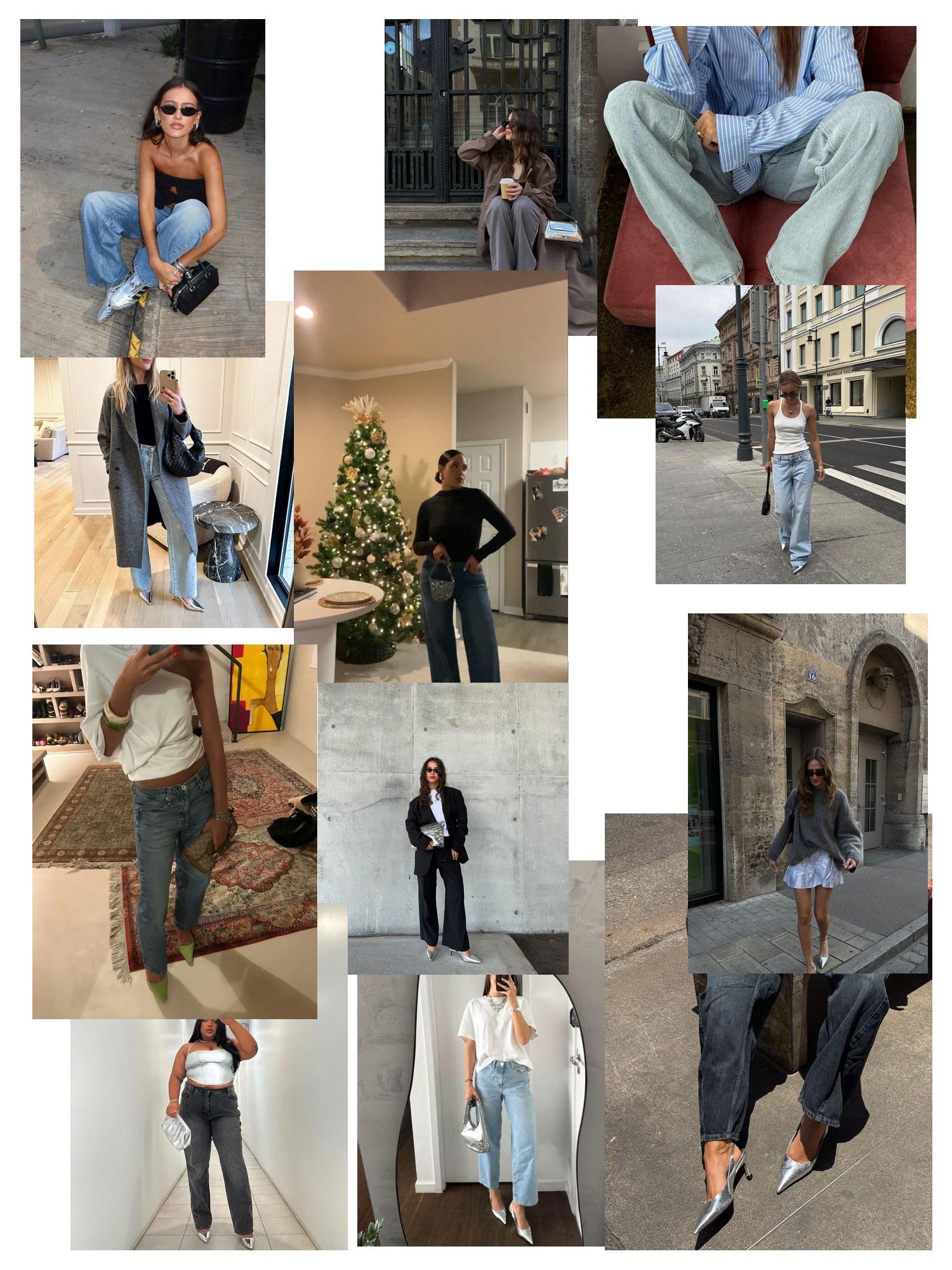 Collage of twelve street-style and editorial photos featuring Silver Heels, scattered and overlapping