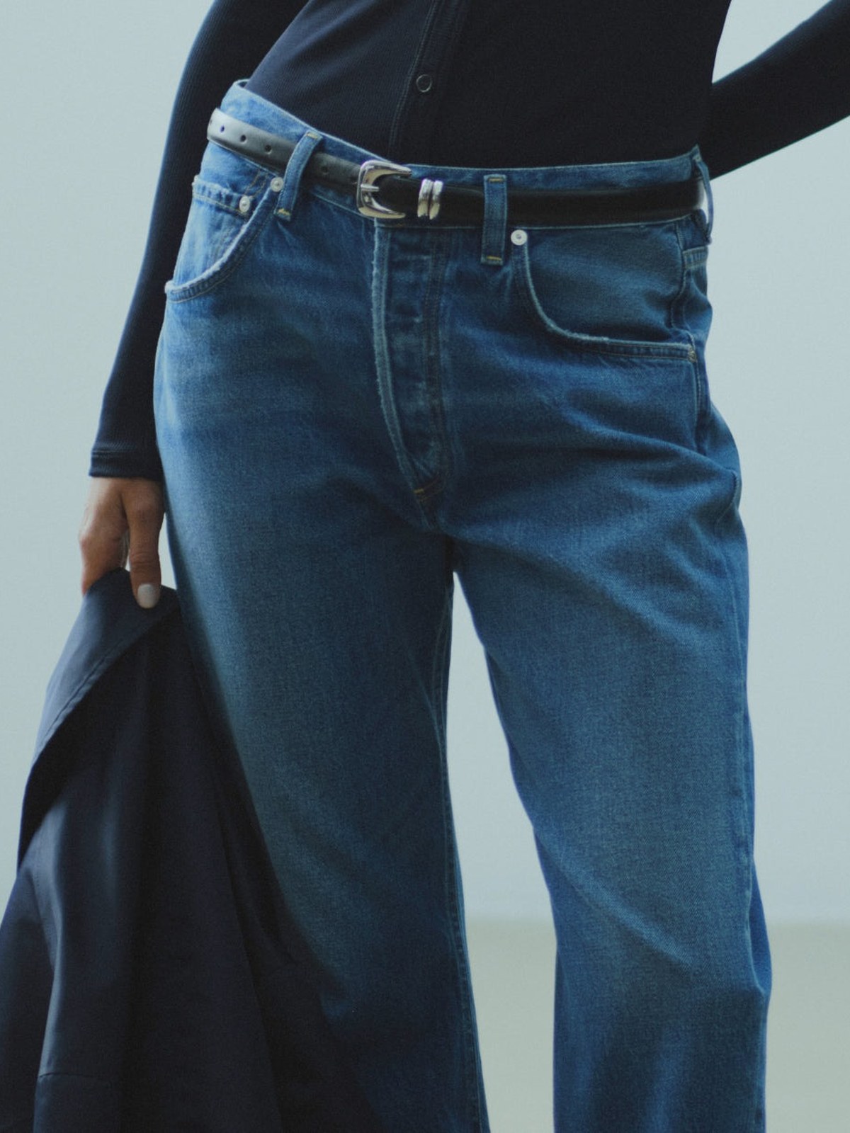 Close-up of Citizens of Humanity jeans in a mid-blue wash