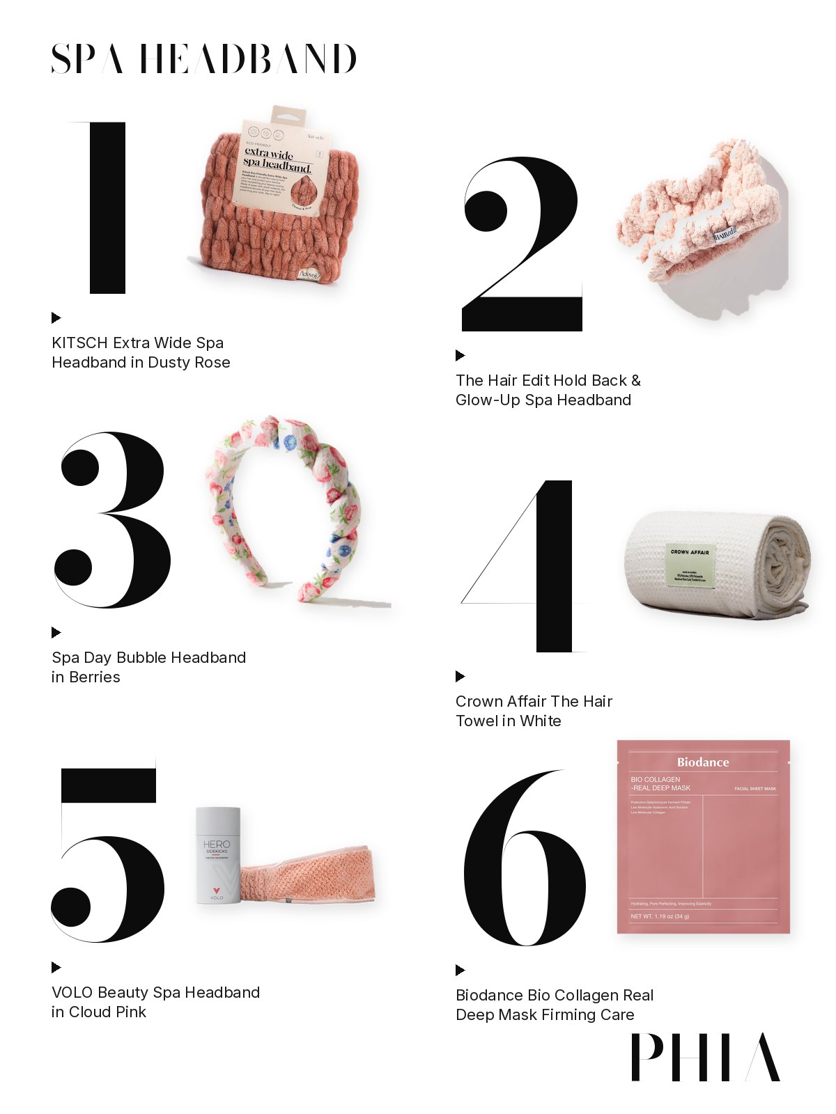Big numbers collage for Spa Headband: six products from KITSCH, The Hair Edit, Crown Affair, VOLO Beauty and Biodance, each set beside a large numeral