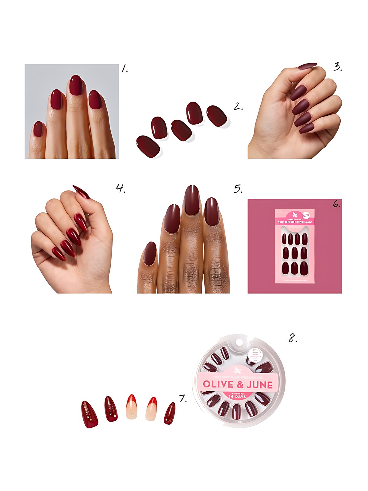 Numbered collage: 1. ohora NP Allure Burgundy; 2. ohora N Classic Burgundy; 3. Dashing Diva Merlot; 4. Dashing Diva Ruby Radiance; 5. Chillhouse Rogue Rouge; 6. Olive & June Cabernet | Medium | Oval - Tab Press-On; 7. Nail Reformation Press On Nails; 8. Olive & June Cherry Mocha Polka Dots - Press-On | Short | Round