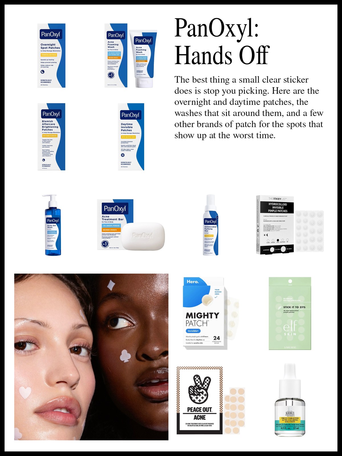 Collage of PanOxyl pimple patches, face wash and a purifying mist beside pimple patches from other brands and a mood photo of two faces dotted with heart and club shaped patches.