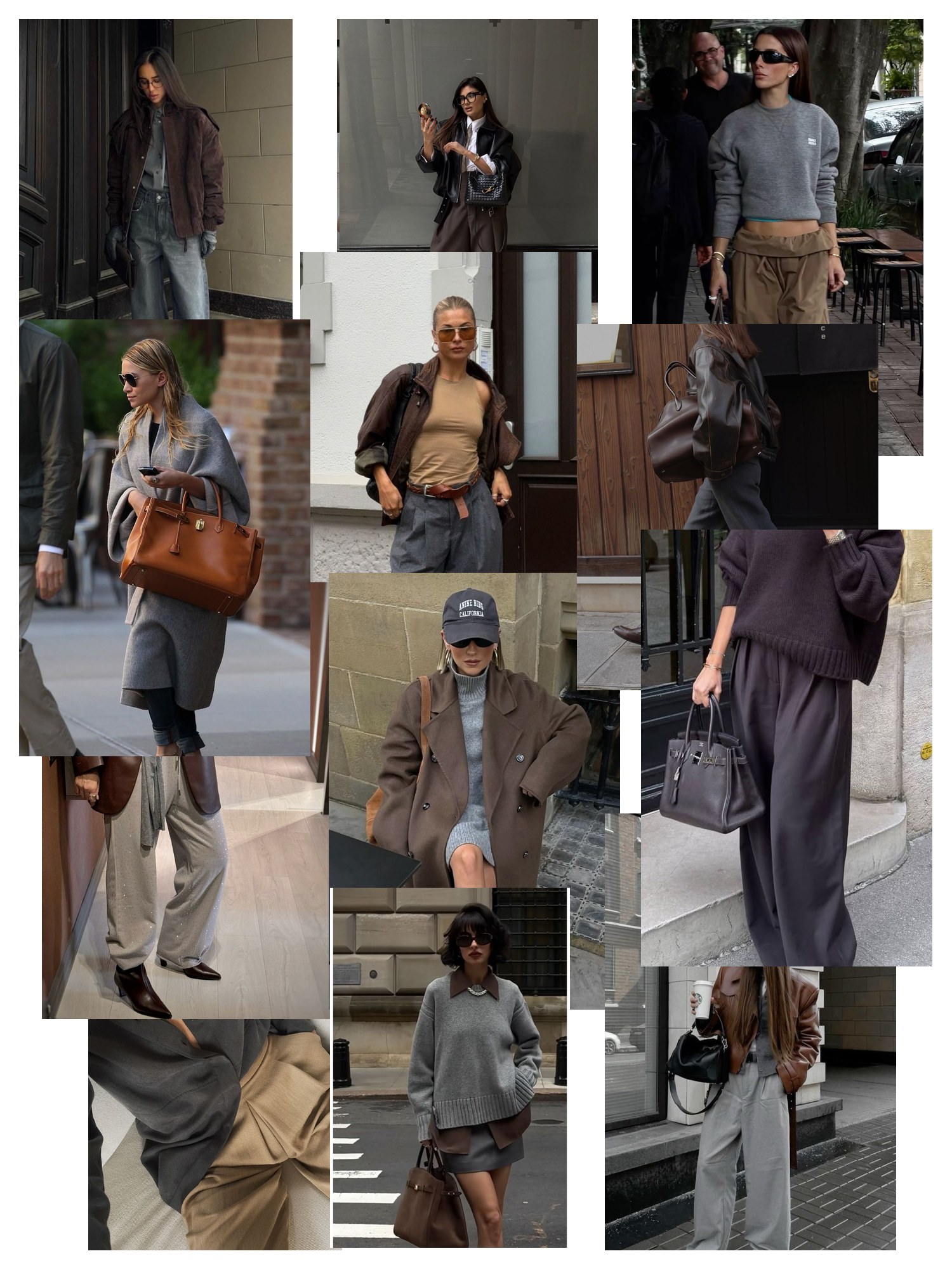 Collage of twelve street-style photos of women wearing gray and chocolate brown outfits, scattered and overlapping on white