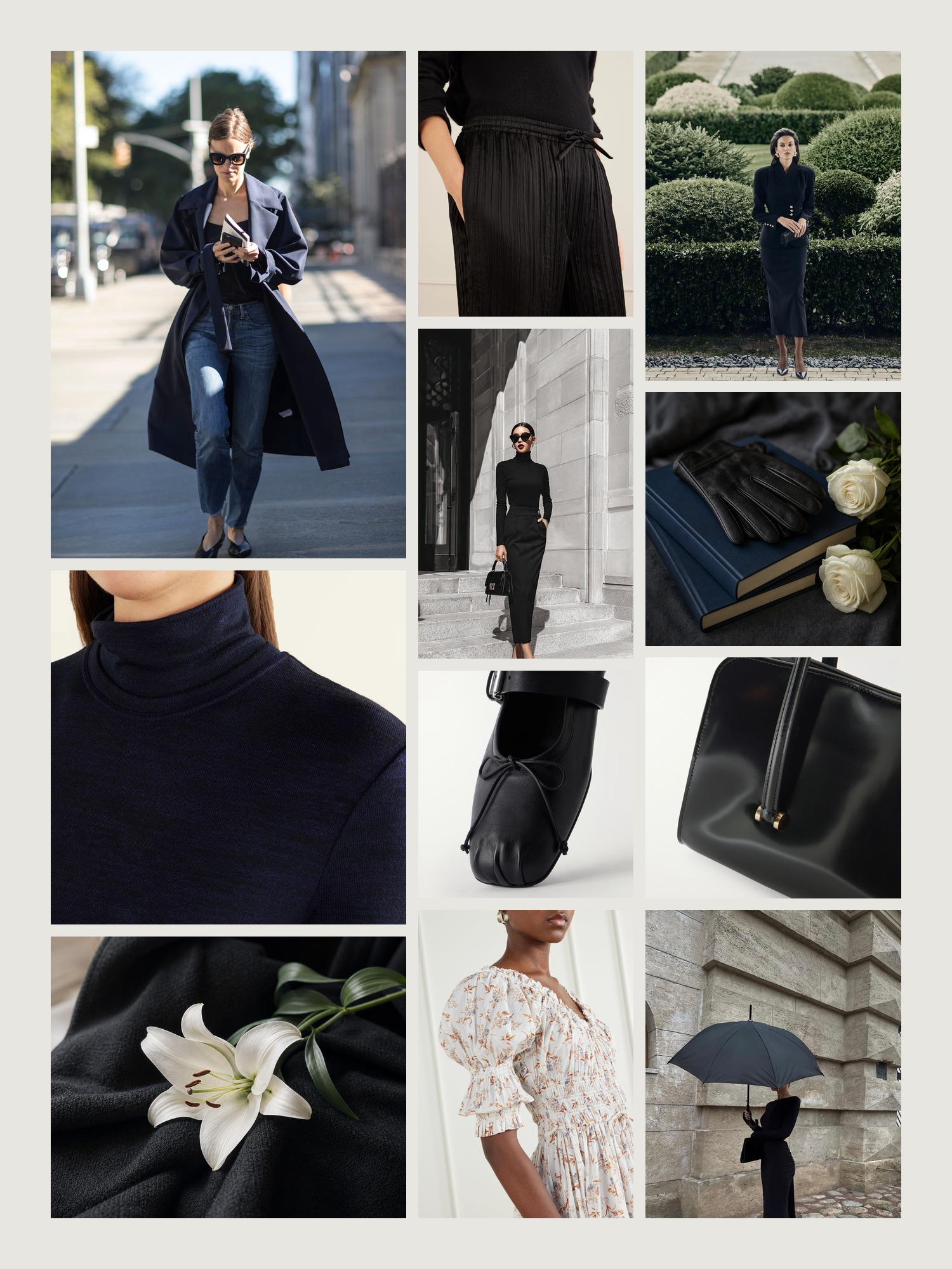 Mood board of funeral outfit in black, charcoal and navy textures