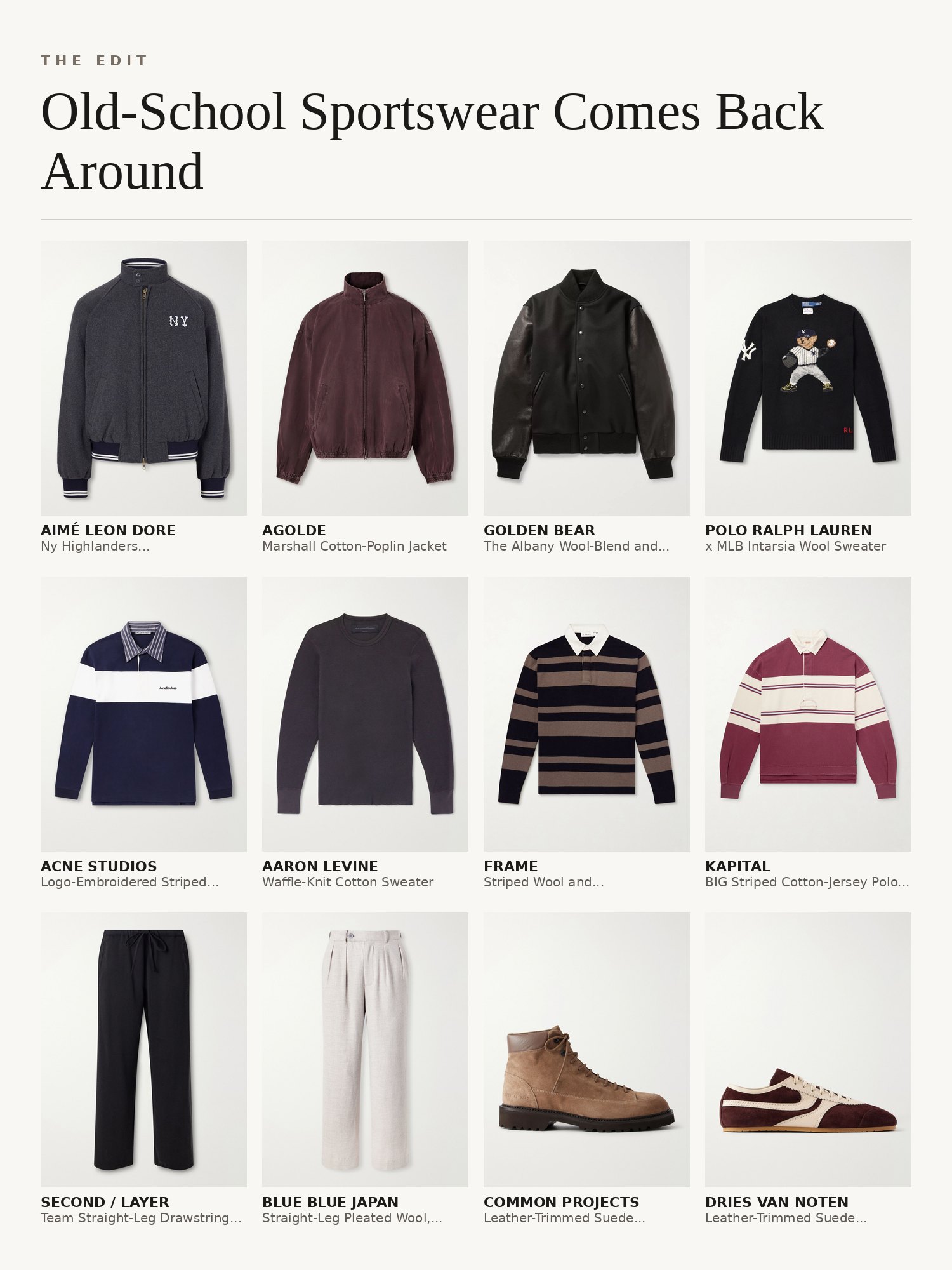 Collage of old-school sportswear: varsity jackets, striped polos, sweatshirts, cargo trousers and canvas sneakers