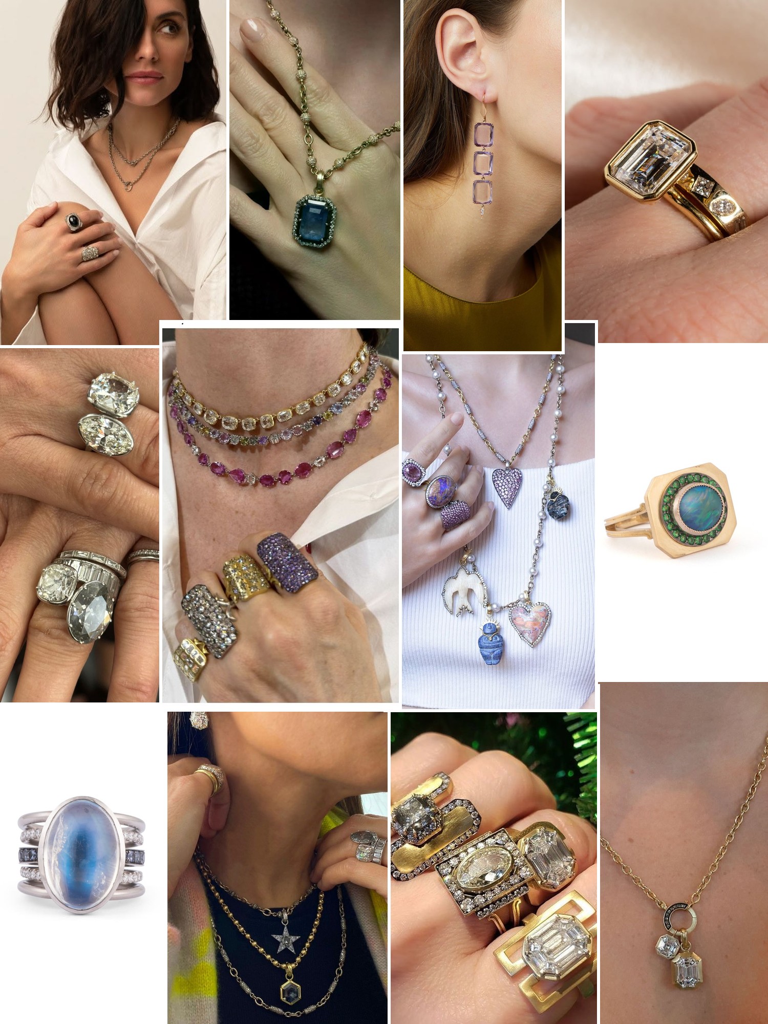 Collage of rings, earrings and layered necklaces worn up close, in the spirit of Sylva & Cie
