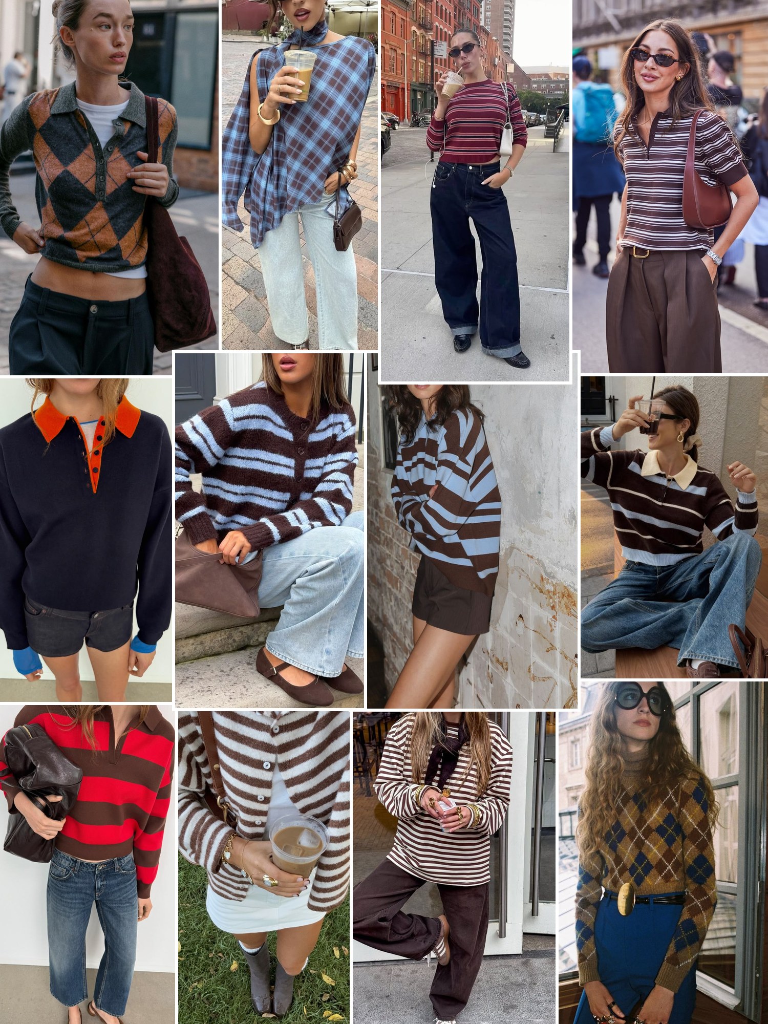 Collage of turtlenecks, cardigans and plaid tops with jeans on city streets