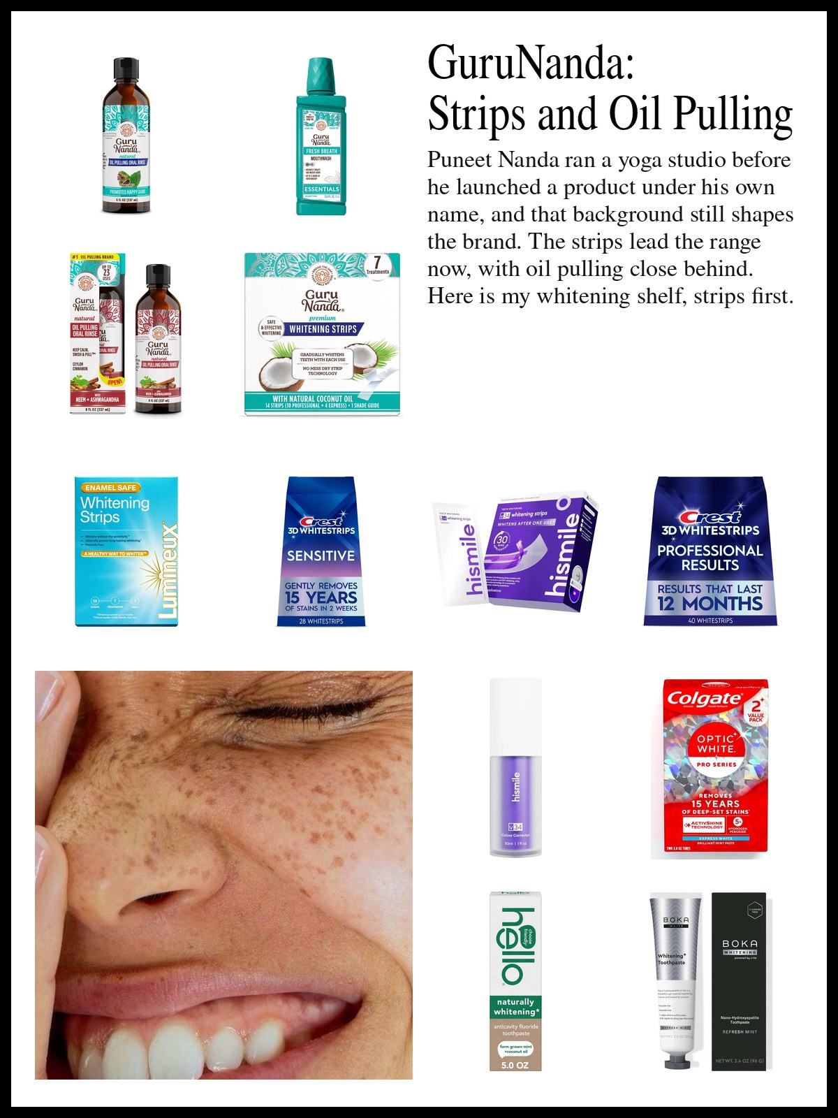 Collage of GuruNanda whitening strips, oil pulling and floss picks, other brands' whitening strips and toothpastes beside a mood photo of a bright, freckled smile.