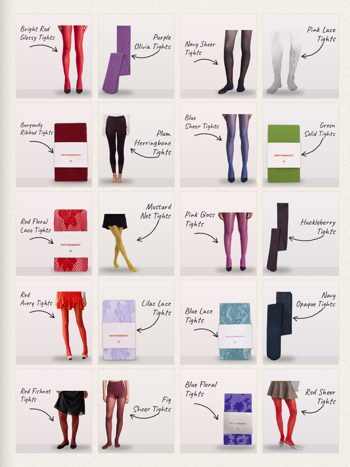 Collage: twenty colored tights products with handwritten labels