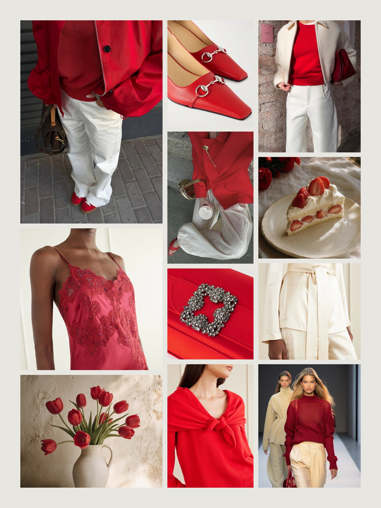 Mood board for red and cream outfits: four street-style photos of women wearing red and cream, close-ups of the Manolo Blahnik clutch, the Gucci pumps, the Tove sweater, the Loretta Caponi maxi dress and the Joseph jacket from this edit, and two still lifes in both colors