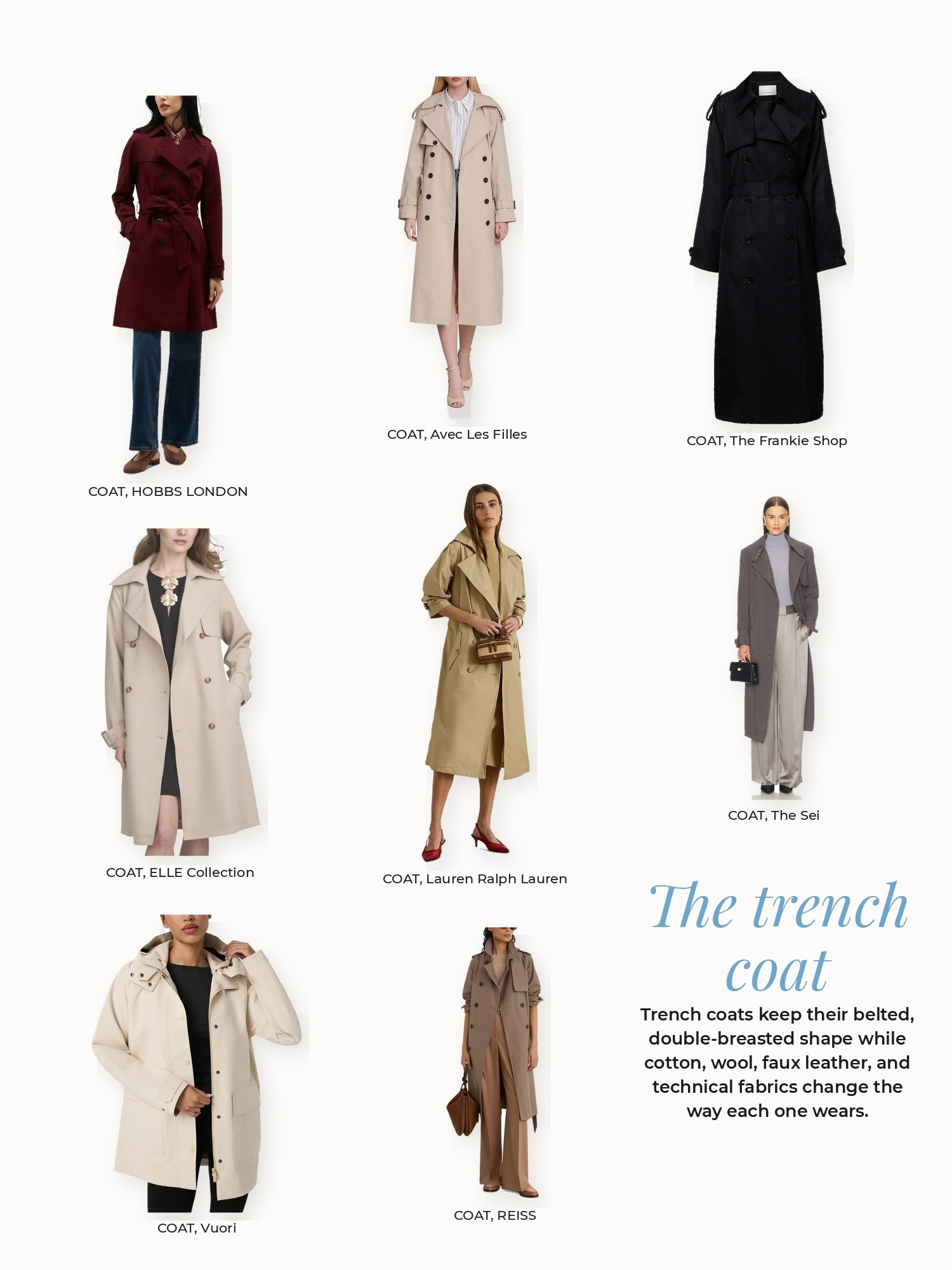 Trench coat collage: Avec Les Filles, ELLE Collection, HOBBS LONDON, Lauren Ralph Lauren, REISS, The Sei, The Frankie Shop, Vuori