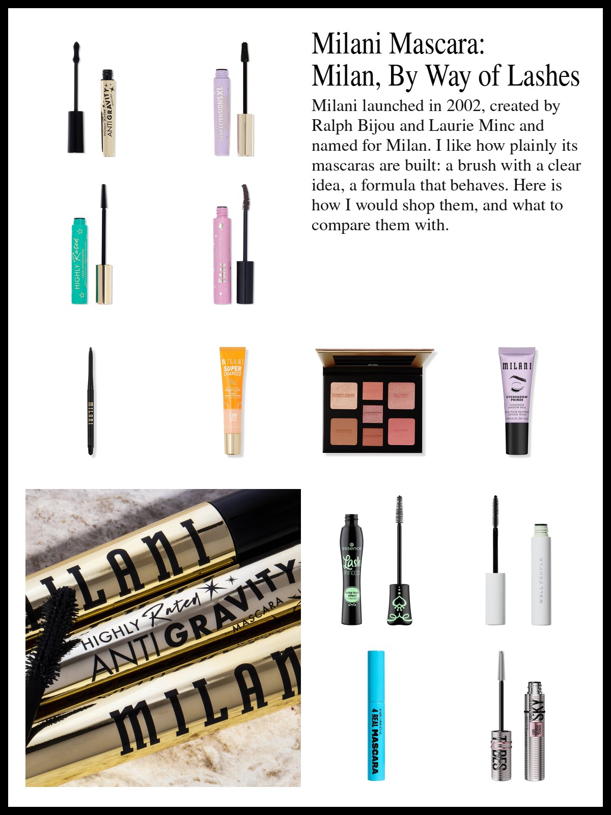 Collage of Milani mascara tubes and wands, an eyeliner, an eyeshadow primer and a brow pomade, plus other mascaras, and a mood photo of gold Milani Anti-Gravity mascara tubes.