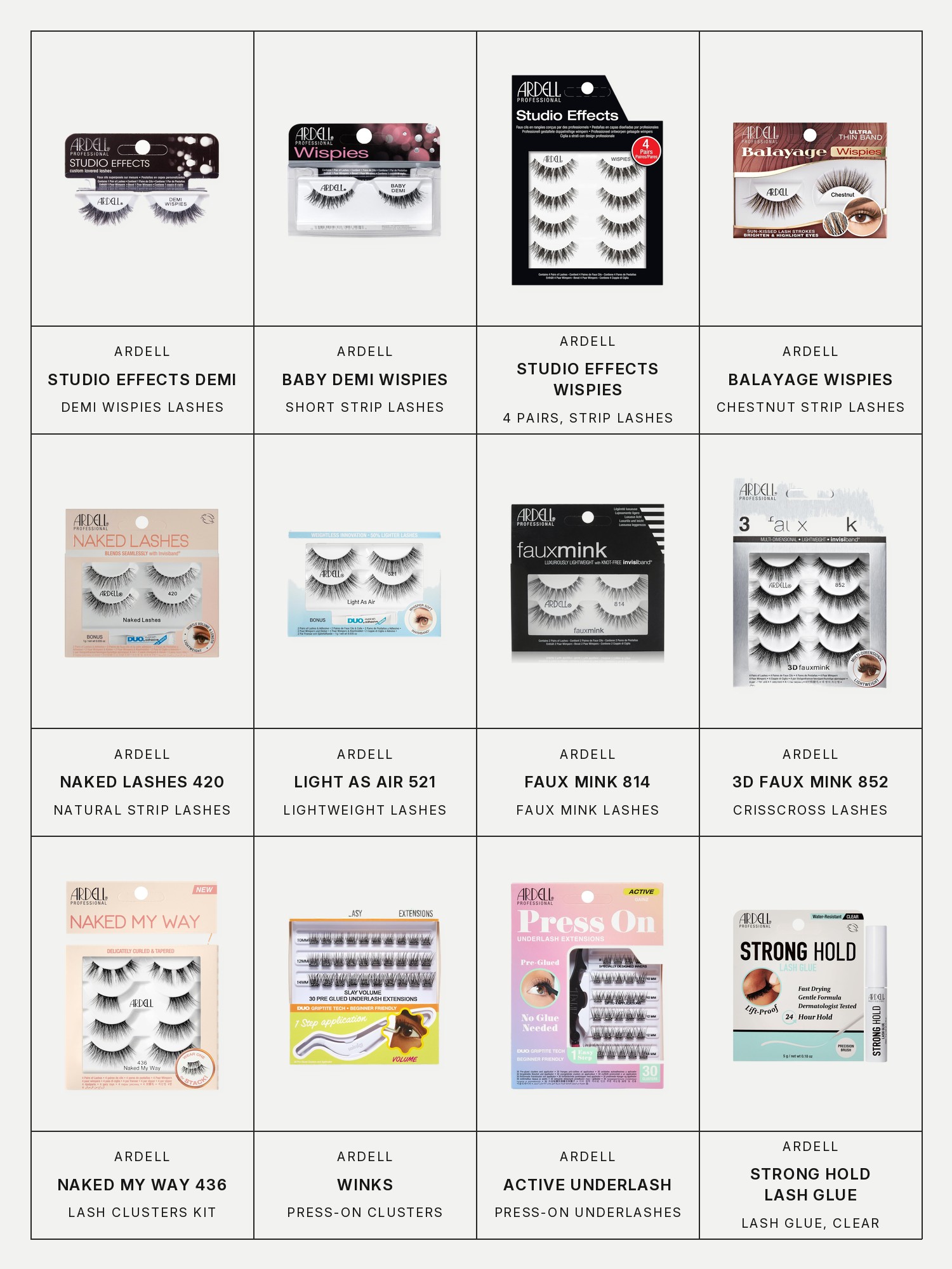 Twelve boxes on a pale gray page, one for each product in the first three grids of this edit, each with its brand and name printed below: Ardell Studio Effects Demi Wispies, Ardell Baby Demi Wispies, Ardell Studio Effects Wispies, 4 Pairs, Ardell Balayage Wispies Chestnut, Ardell Naked Lashes 420, Ardell Light As Air 521, Ardell Faux Mink 814, Ardell 3D Faux Mink 852, Ardell Naked My Way 436 Clusters, Ardell Winks Press On Lash Clusters, Ardell Active Press On Underlash Clusters and Ardell Strong Hold Lash Glue Clear.