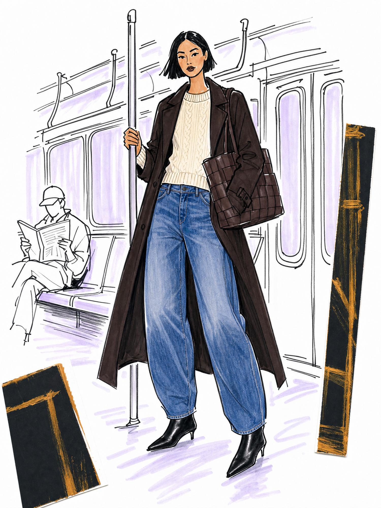 Illustration of a woman on the subway in a long chocolate trench, cream cable sweater, barrel-leg jeans and black ankle boots