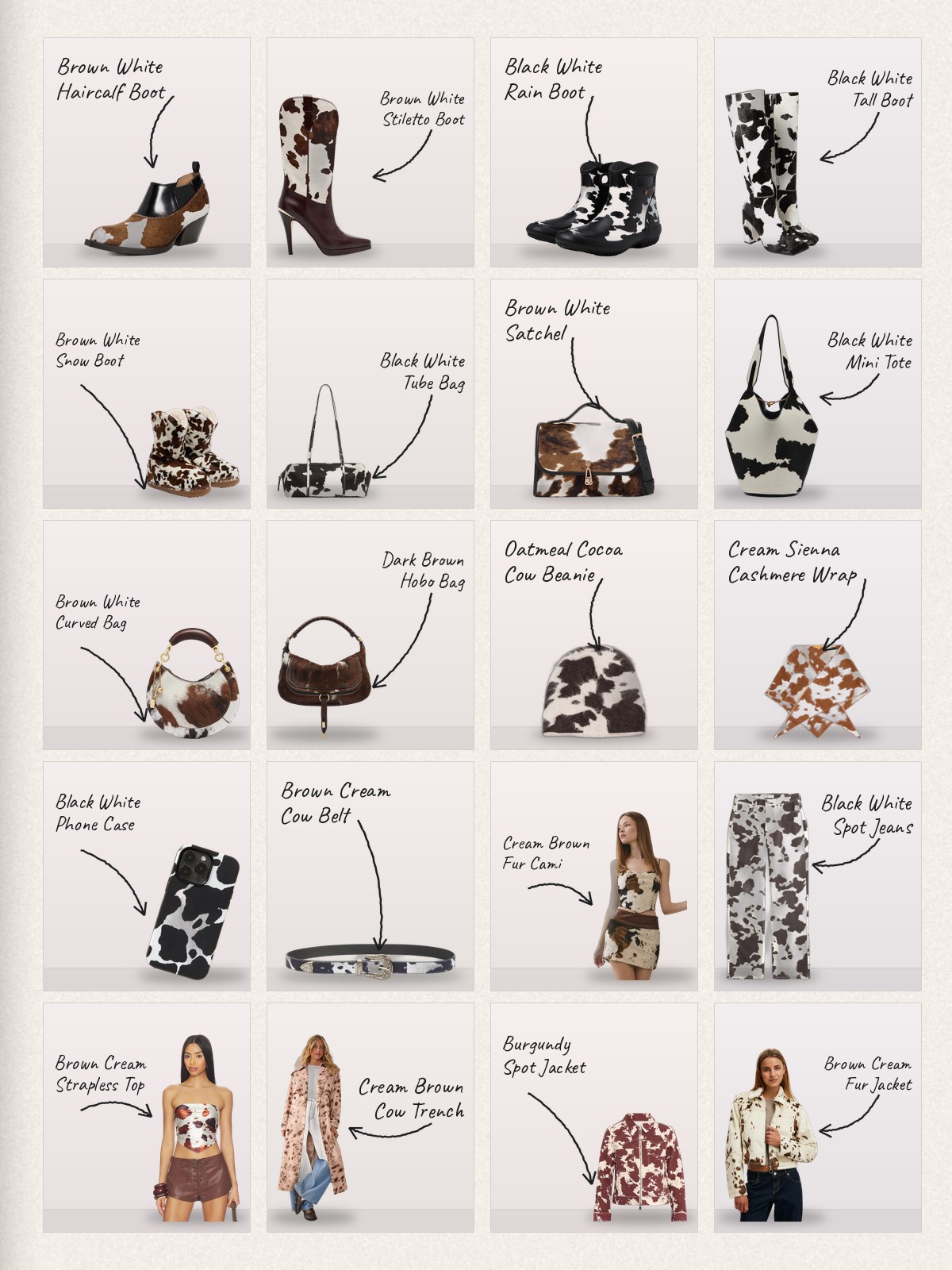 Collage: twenty cow print products with handwritten labels