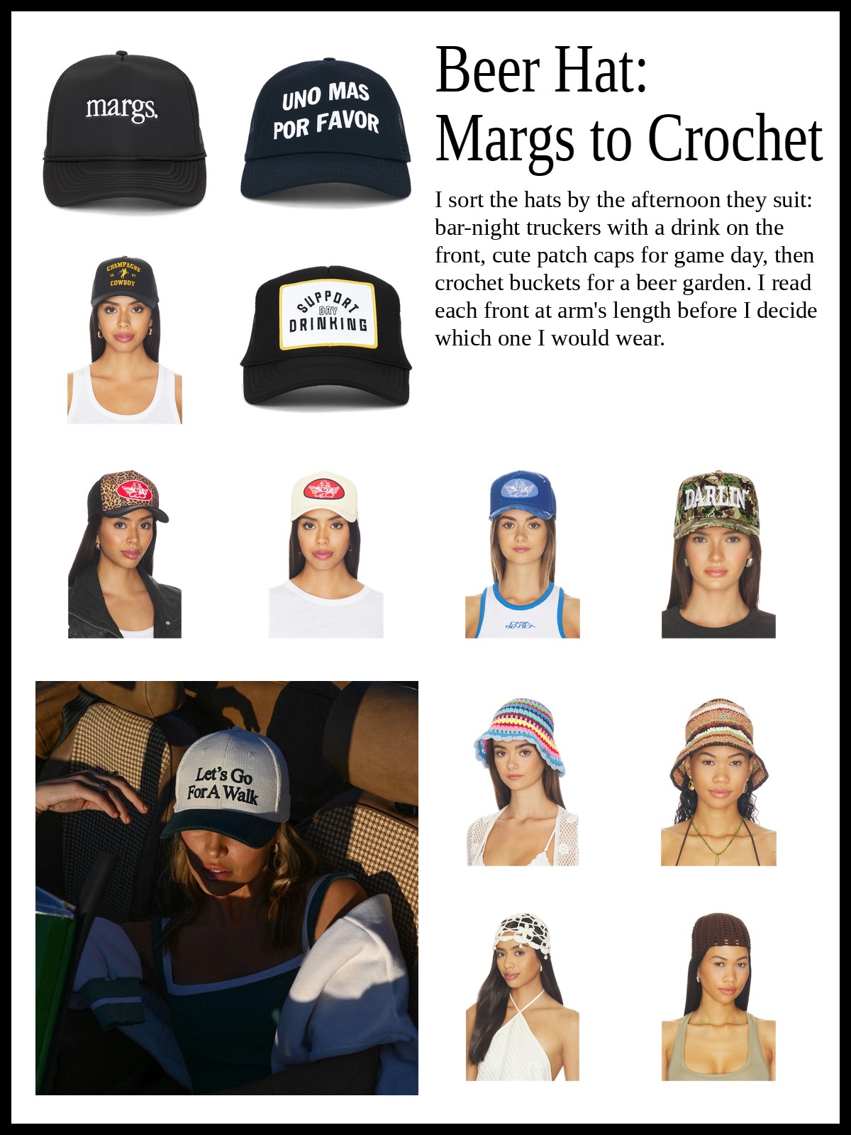 Collage of drink-slogan trucker hats, cherub patch and slogan truckers, and crochet bucket hats and crochet caps, and a mood photo of a woman in a cream Let's Go For A Walk trucker cap in a convertible