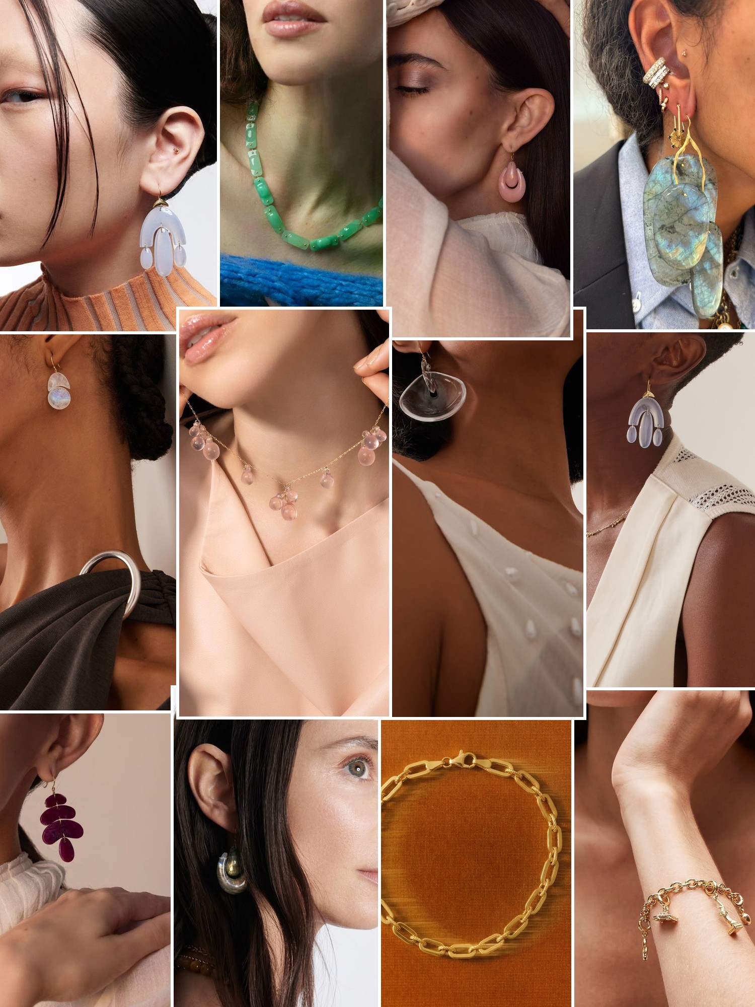 Collage of rings, earrings and layered necklaces worn up close, in the spirit of Ten Thousand Things