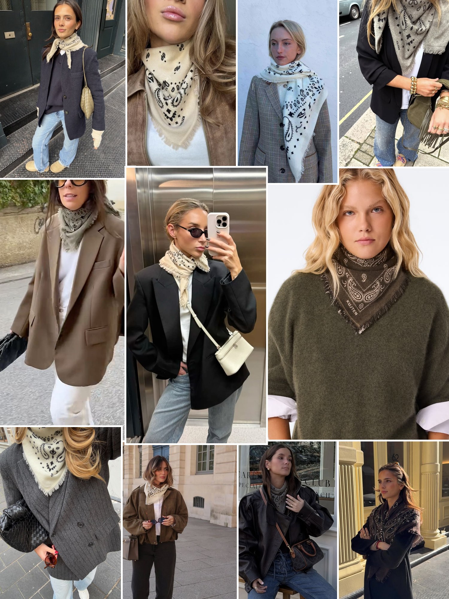 Street style collage of women wearing Kujten scarf