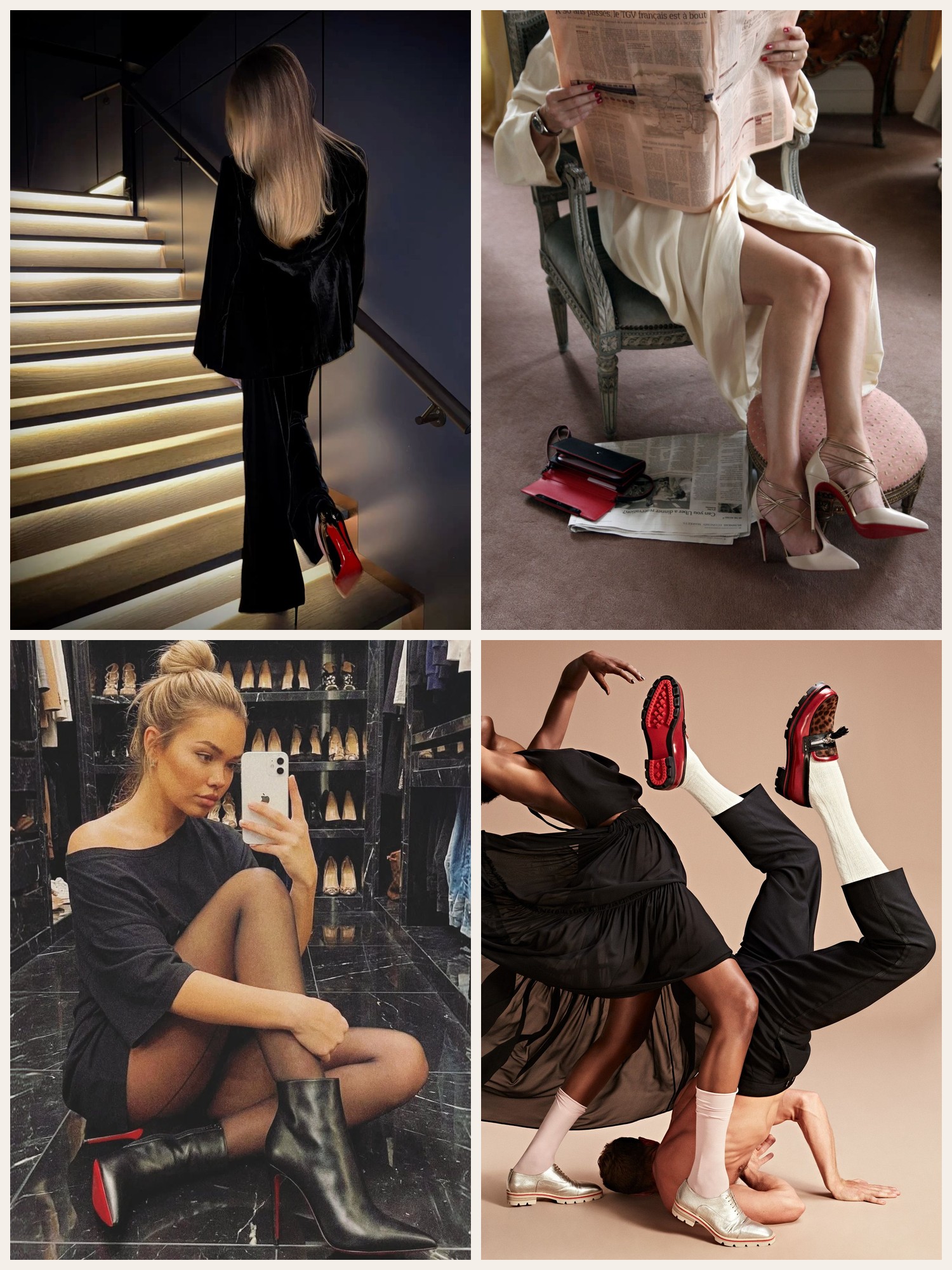 People wearing Christian Louboutin bags and red-soled shoes