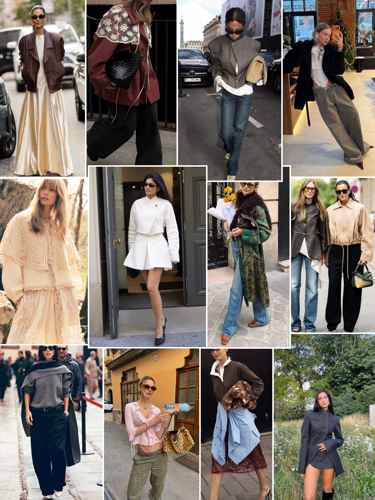 Collage of women in polished outerwear, including leather jackets, wool coats, and layered street style