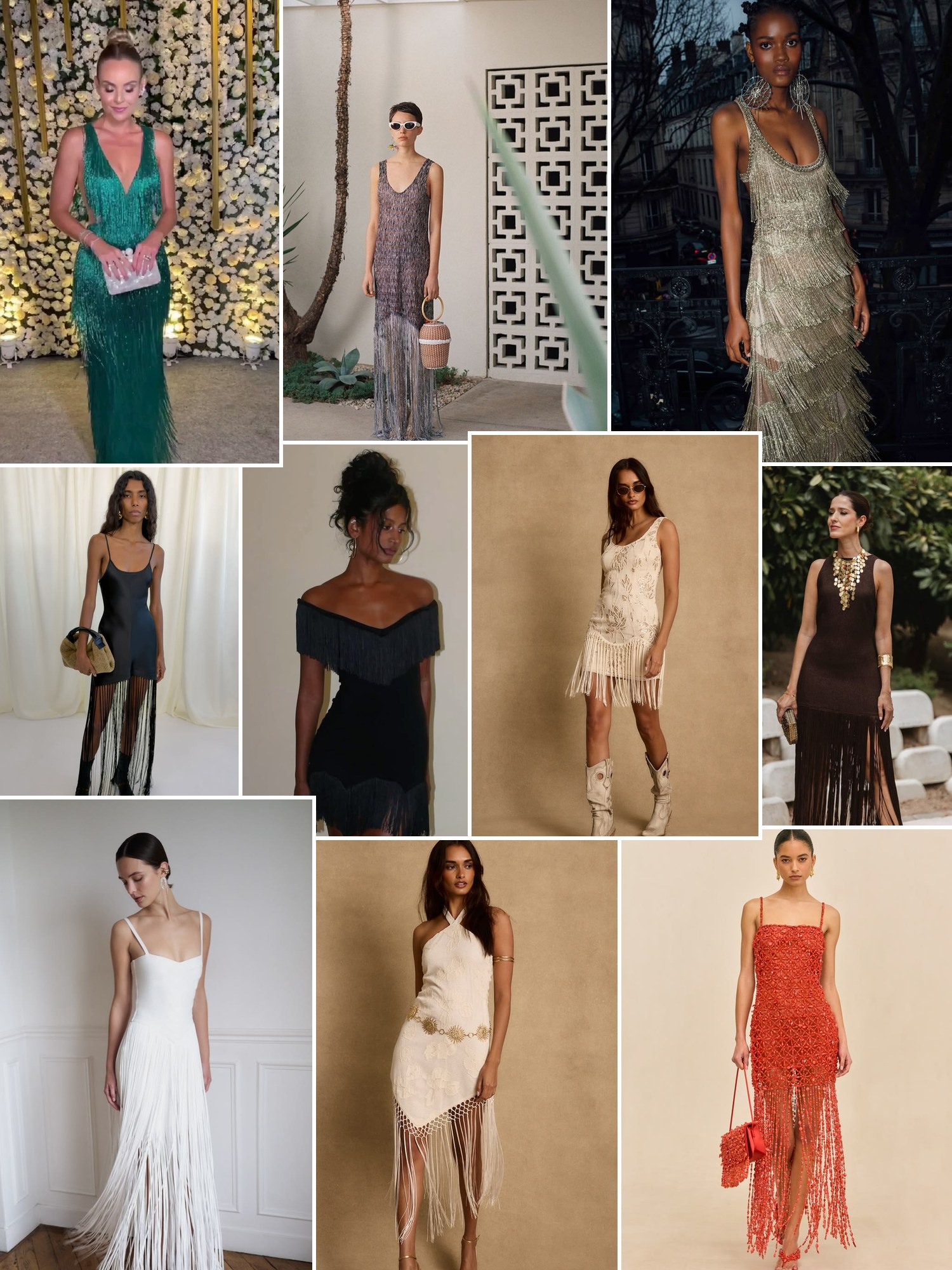 Collage of fringe dress outfits from western suede to beaded party fringe