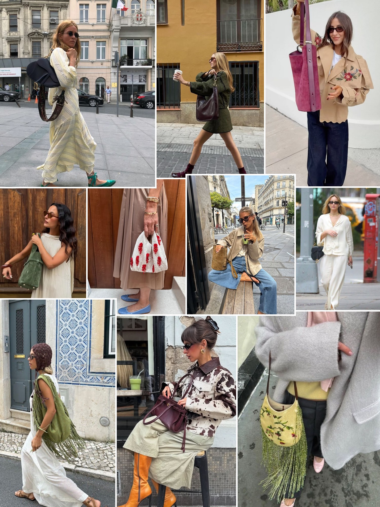 Collage of saddle-shaped shoulder bags and similar looks