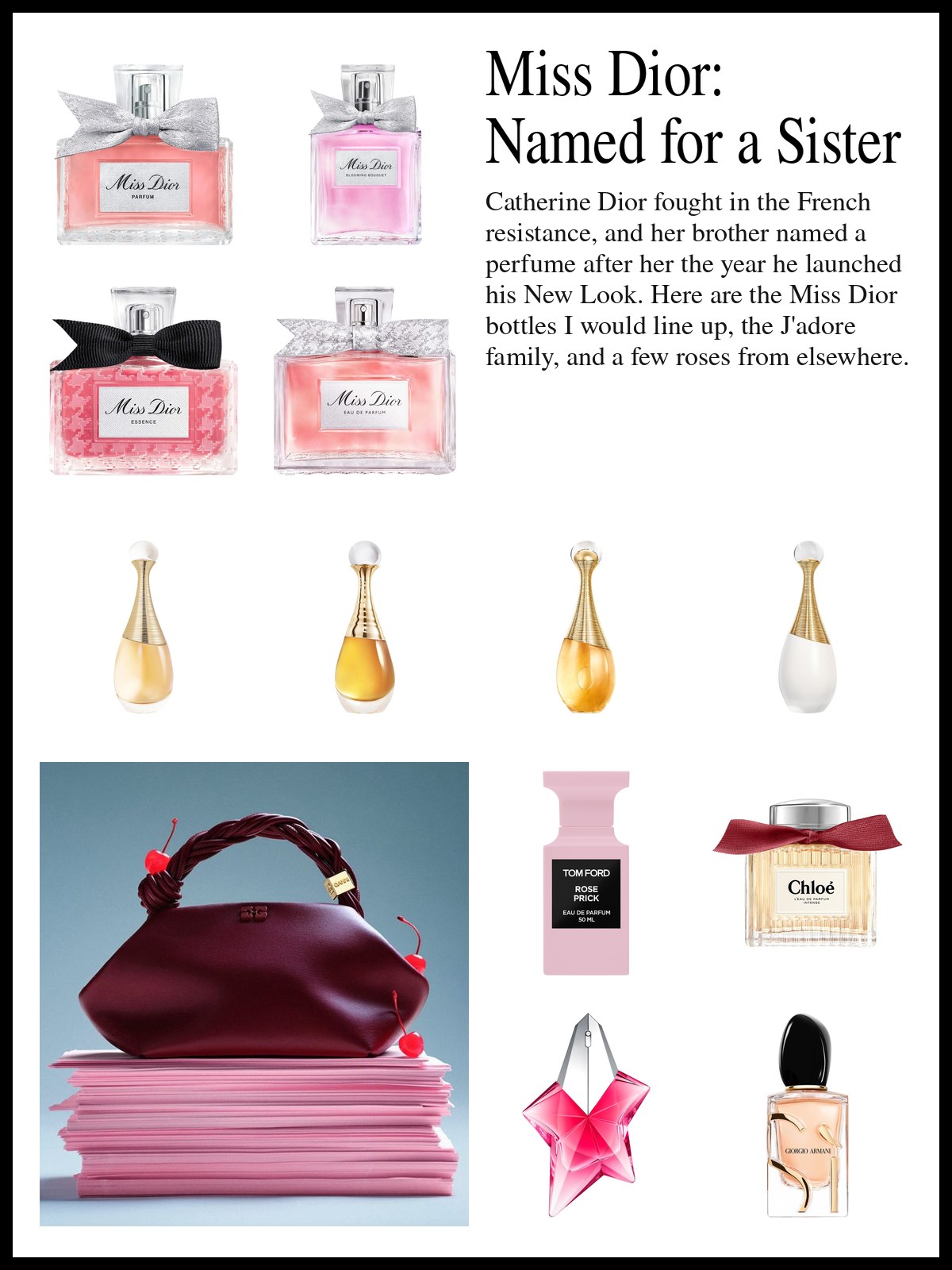 Collage of Miss Dior and J'adore bottles and rose perfumes from other houses beside a photo of a burgundy leather handbag with a braided handle on a stack of pink paper, bright red cherries perched on it, against a soft blue-gray backdrop.