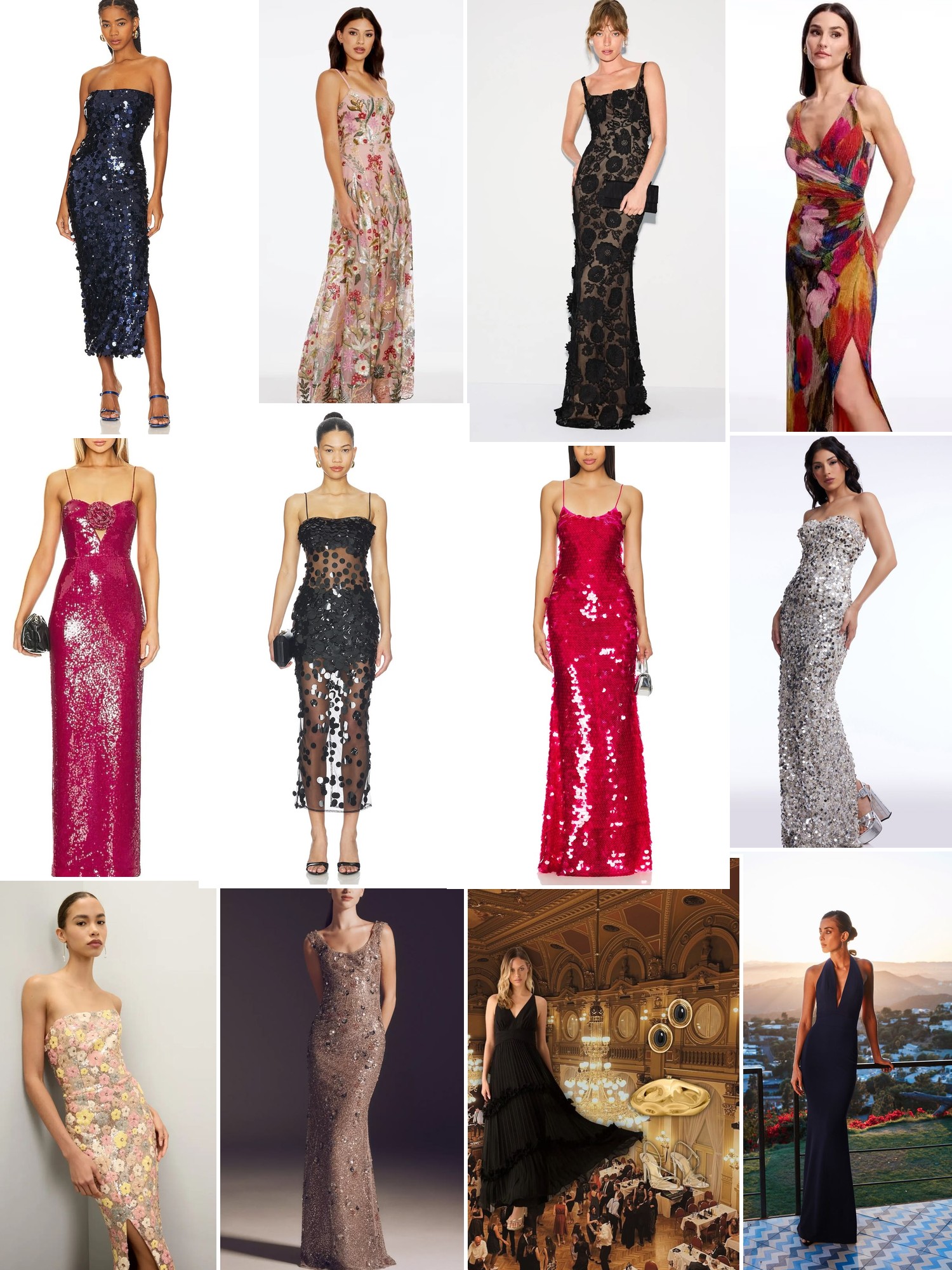 Collage of embellished cocktail dresses and evening gowns in florals, sequins and lace