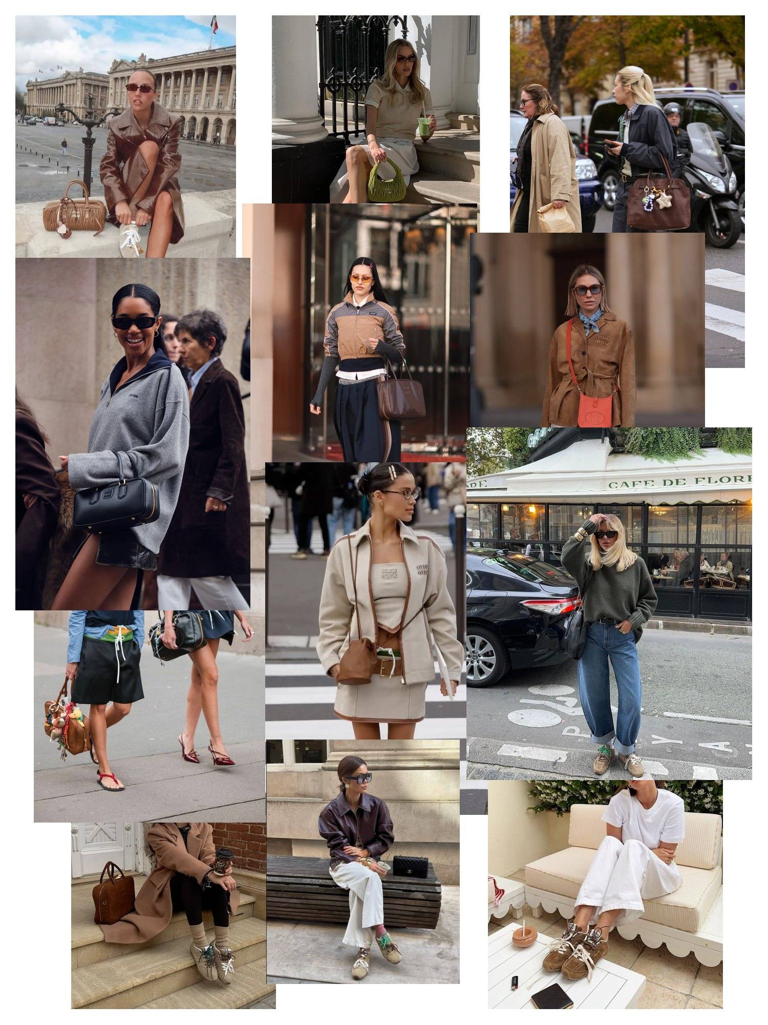 Scatter collage of Miu Miu sneaker street style: slim sneakers with jeans, skirts, coats and tailored trousers