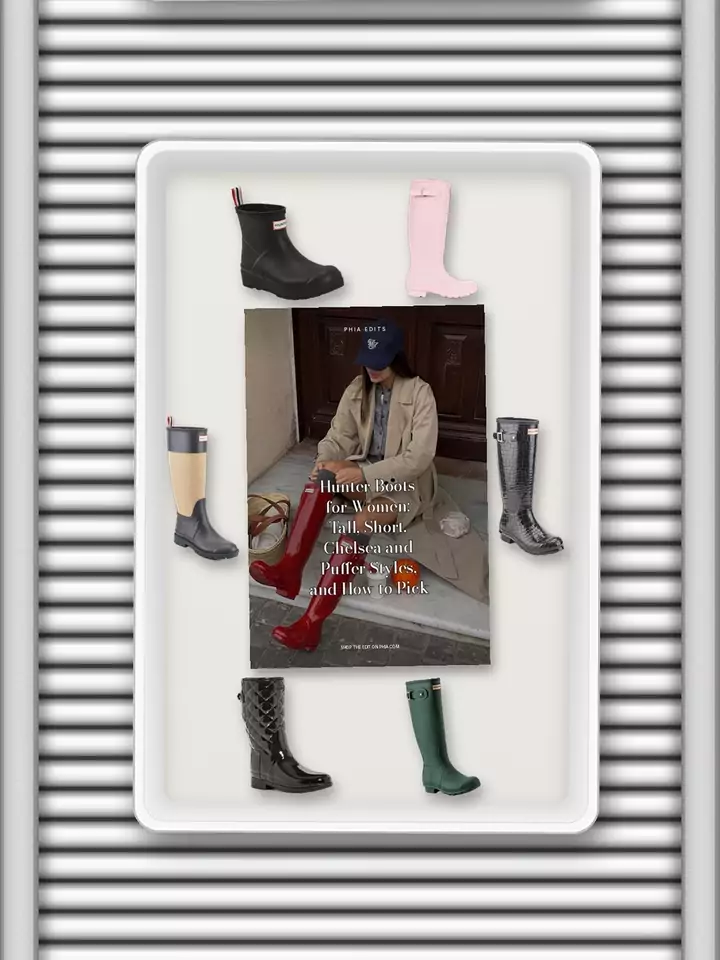 Animated airport trays on a conveyor, each holding a Phia edit cover and its products: Hunter Boots for Women, Adidas Sambas Women Love, UGG Boots, Maison Margiela Tabi Dupe, Birkenstock Clogs Guide, Hermès Sandals, Velvet Flats
