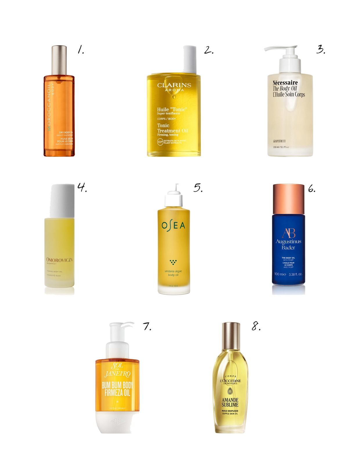 Numbered collage: 1. Moroccanoil Dry Body Oil; 2. Clarins Tonic Body Firming & Toning Treatment Oil; 3. Nécessaire The Body Oil Grapefruit – Multi-Nutrient Treatment Oil With Peptides, Ceramides + Capsaicin; 4. Omorovicza Firming Body Oil 3.4 oz.; 5. OSEA Malibu Undaria Algae Body Oil; 6. Augustinus Bader The Body Oil 3.4 oz.; 7. Sol de Janeiro Bum Bum Firmeza Firming & Debloating Body Oil; 8. L'Occitane Soothing and Firming Almond Supple Skin Body Oil