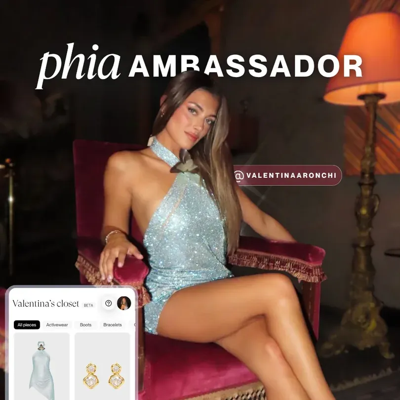 Phia ambassador spotlight slideshow: @valentinaaronchi in six outfits, each shown next to the matching pieces in her Phia digital closet