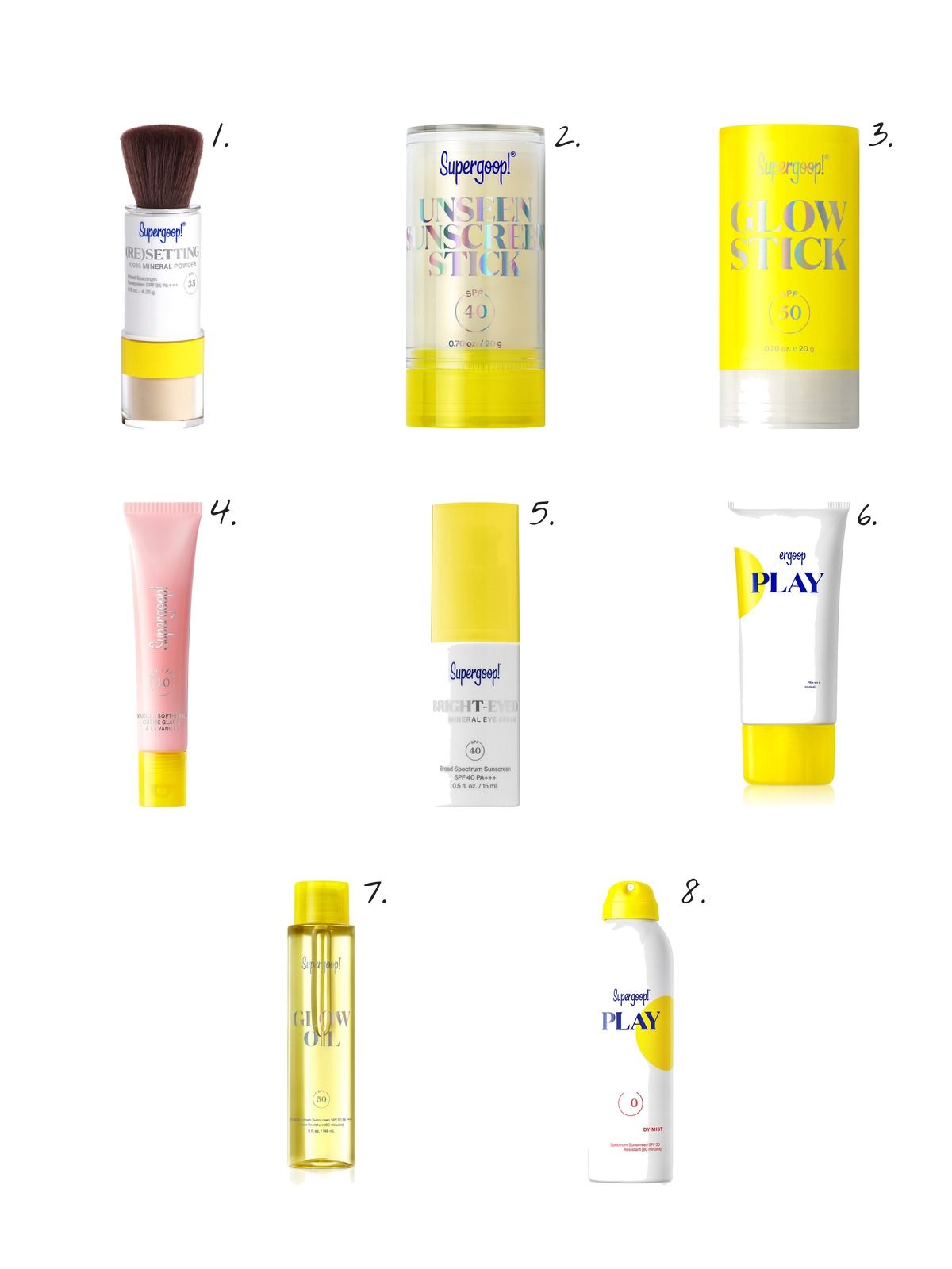 Numbered collage: 1. Supergoop! 100% Mineral (Re)setting Powder Face Sunscreen SPF 35; 2. Supergoop! Unseen Sunscreen Stick SPF 40 Invisible Sun Protection; 3. Supergoop! Glow Stick Sunscreen SPF 50; 4. Supergoop! Glow Gloss SPF 40 Lip Balm with Peptides and Shea Butter; 5. Supergoop! 100% Mineral Bright-Eyed Eye Cream SPF 40; 6. Supergoop! Play Everyday Lotion SPF 50 with Sunflower Extract; 7. Supergoop! Glow Oil SPF 50 Dry Body Sunscreen 5 oz.; 8. Supergoop! Play Antioxidant Body Mist SPF 50 with Vitamin C