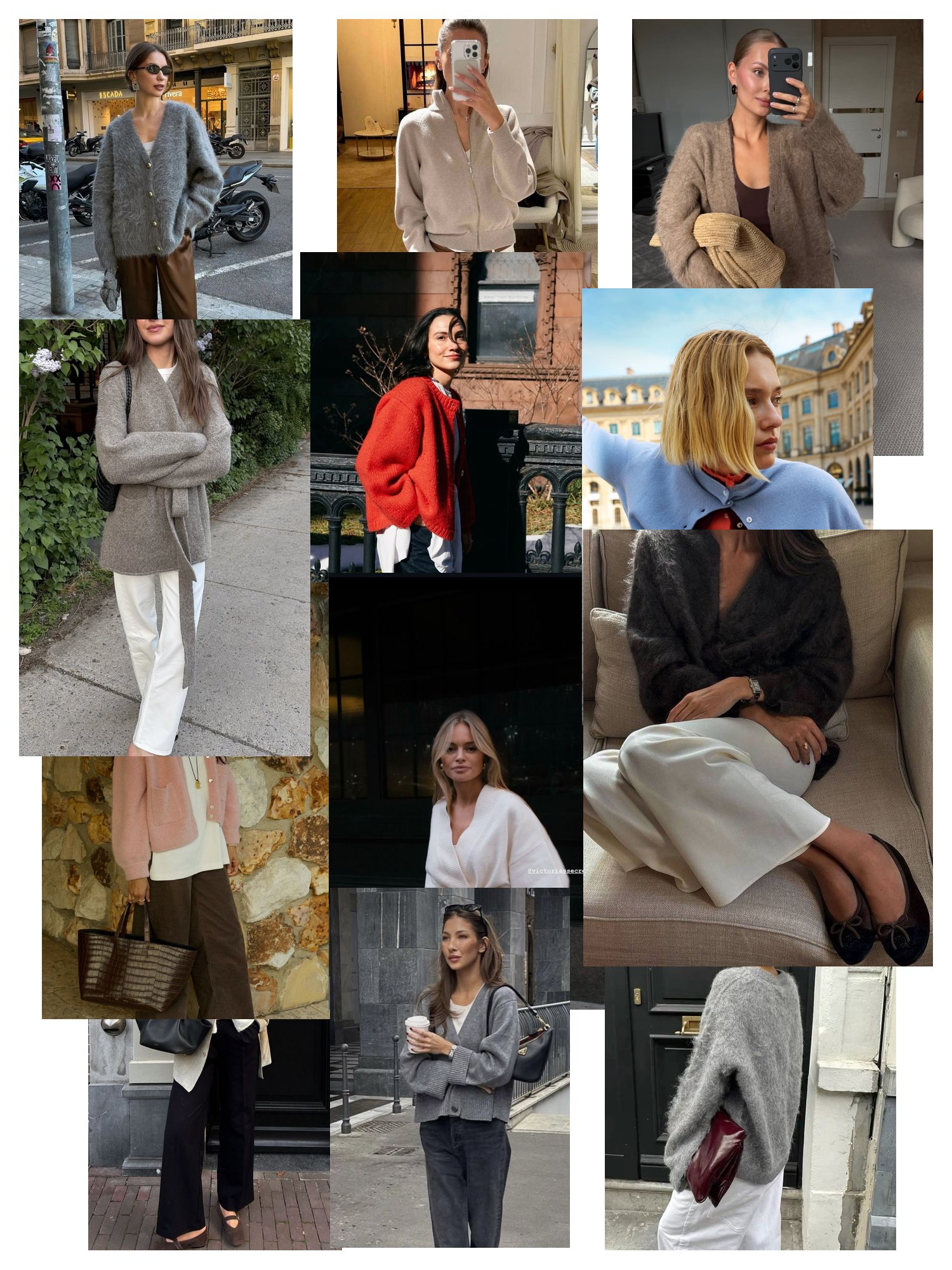 Street-style collage of 12 outfit photos featuring cashmere cardigan, scattered and overlapping