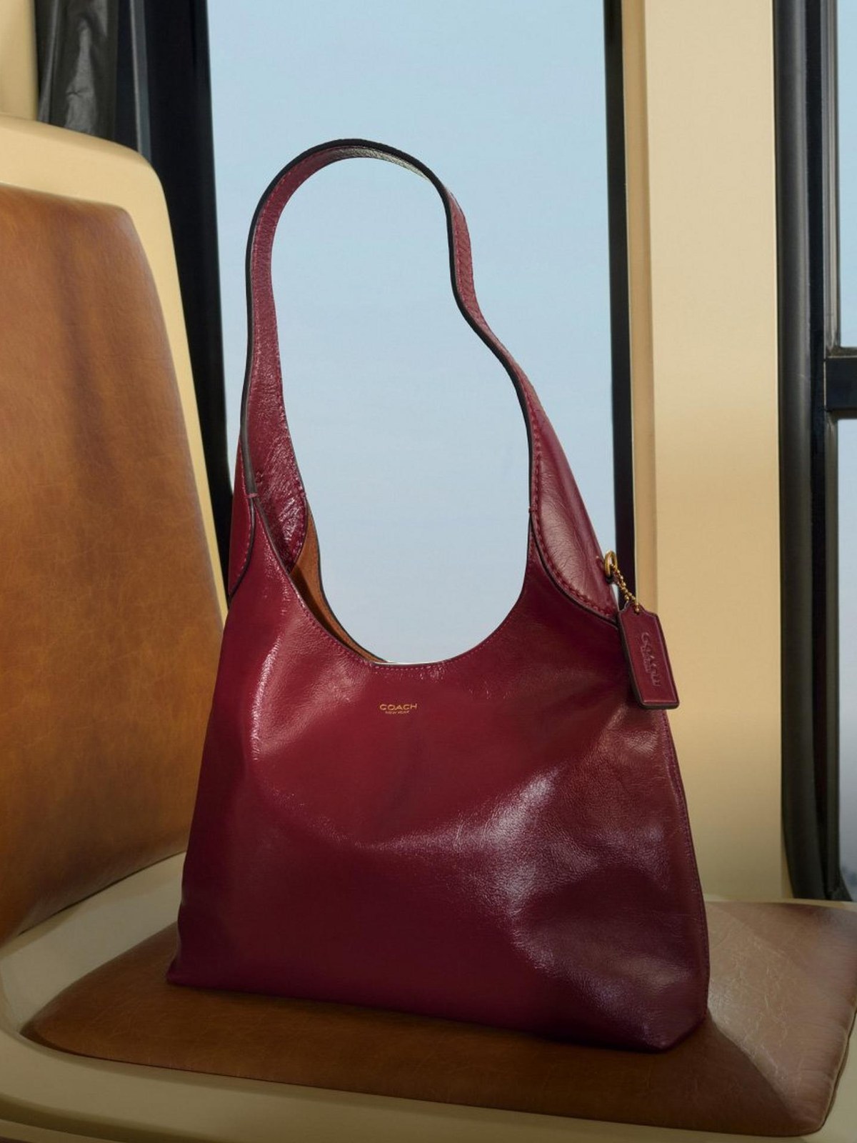 Burgundy glossy leather hobo bag on a subway seat