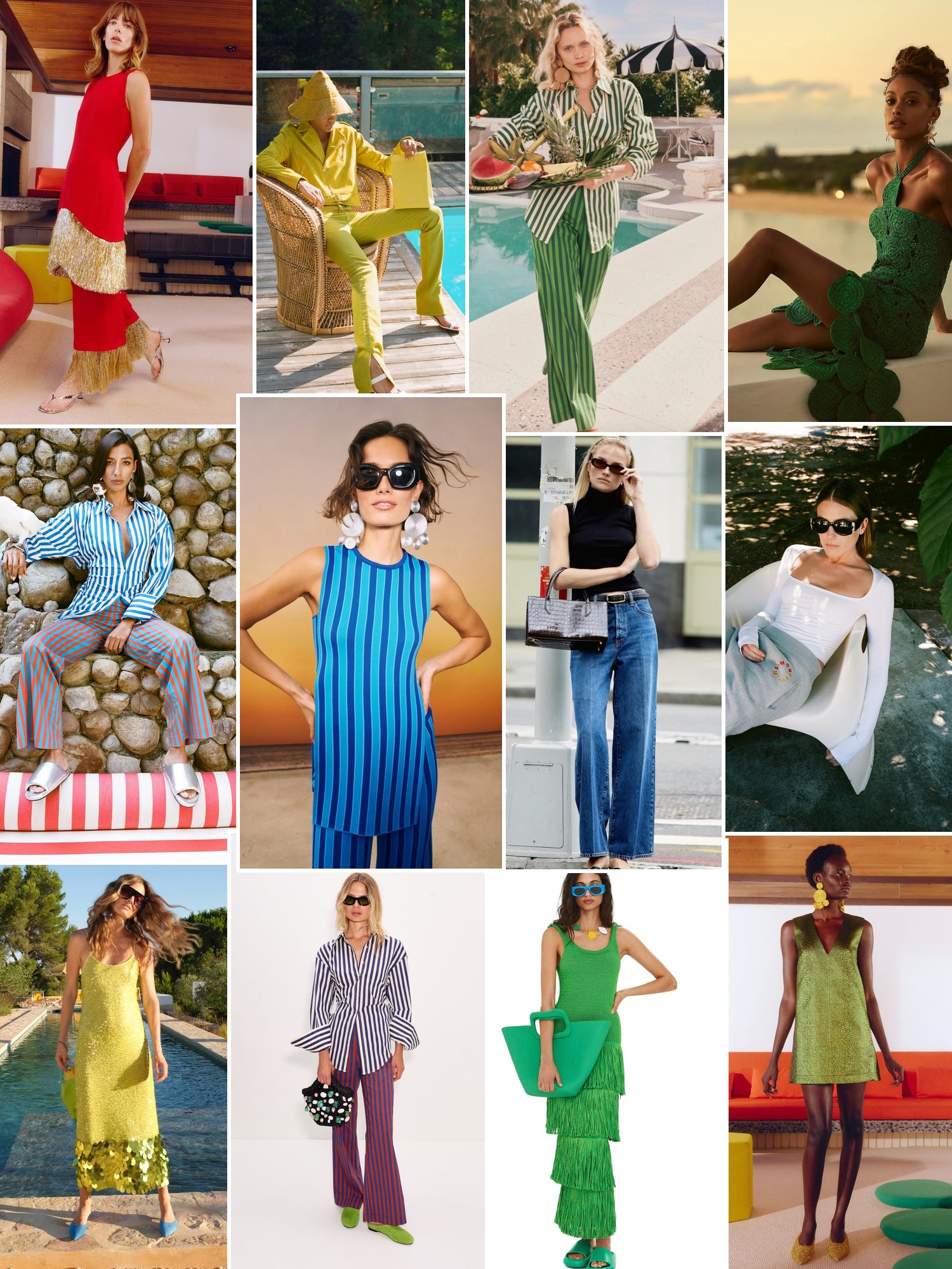 Collage of vivid resort looks, striped separates and playful dresses in sunny outdoor and city settings