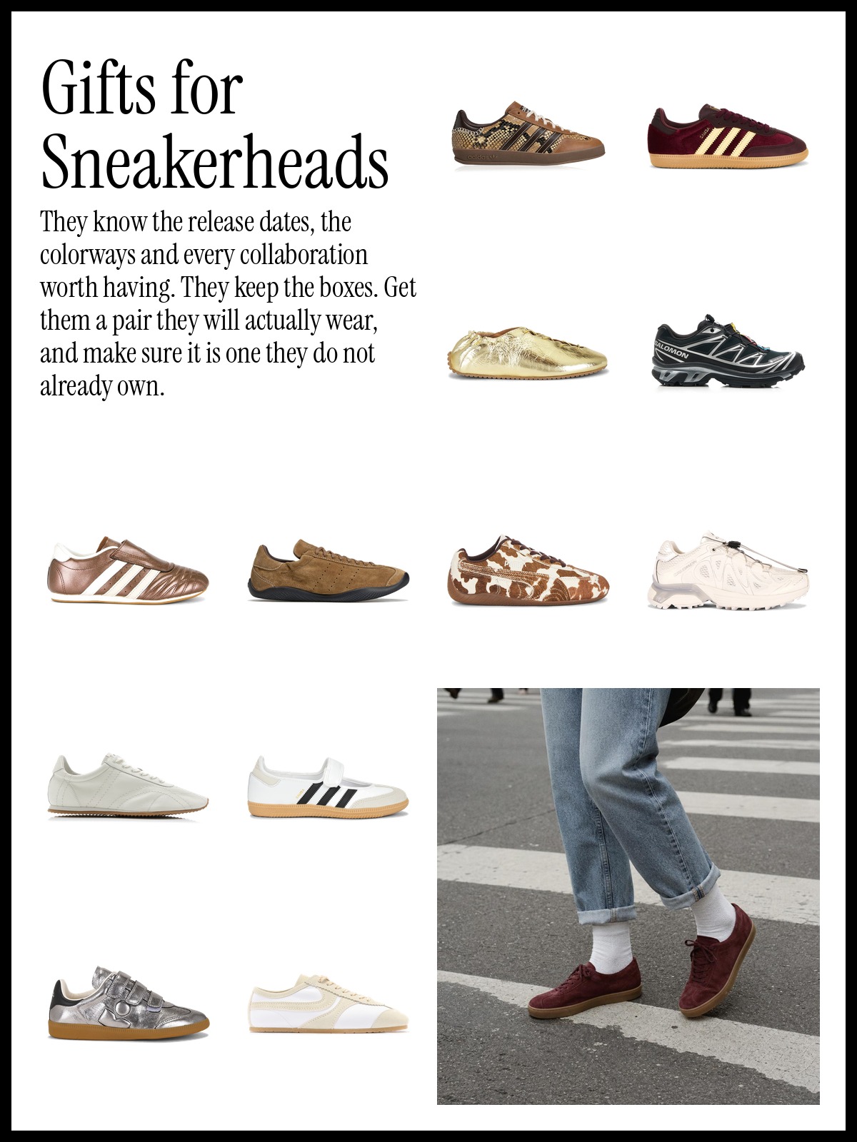 Collage of gifts for sneakerheads: adidas Wales Bonner Gazelles, Salomon XT-6, Sambas, metallic sneakers and white leather sneakers