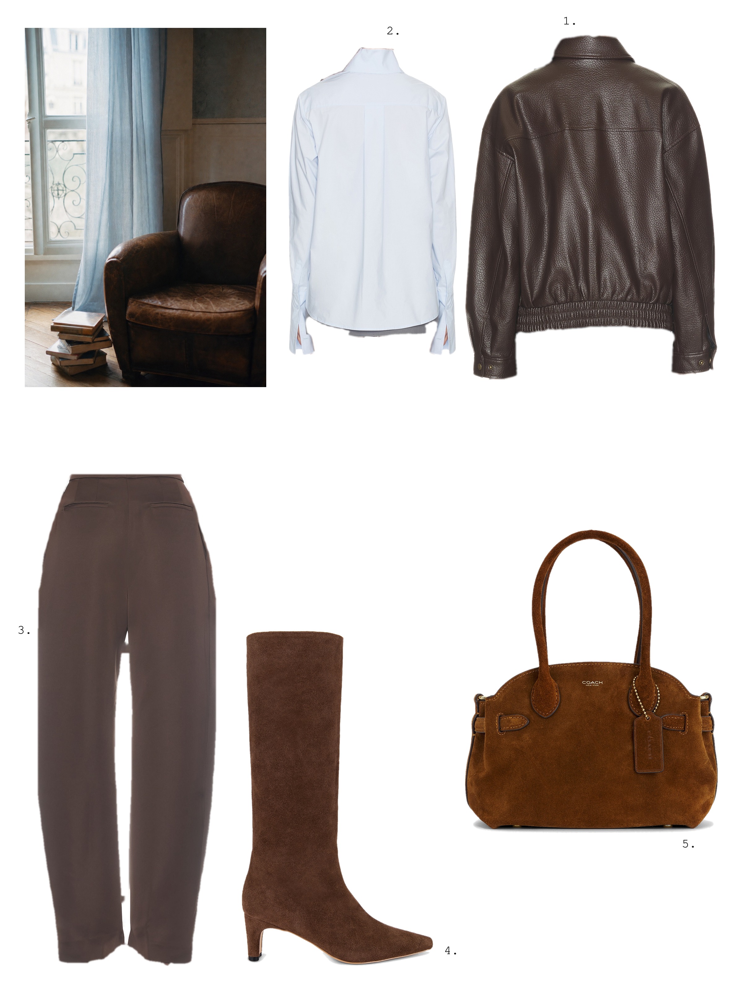 Brown and blue moodboard collage: a photo of a leather armchair by a window with blue curtains beside a dark brown leather jacket, a powder blue poplin shirt, chocolate trousers, tall brown suede boots and a brown suede carryall.