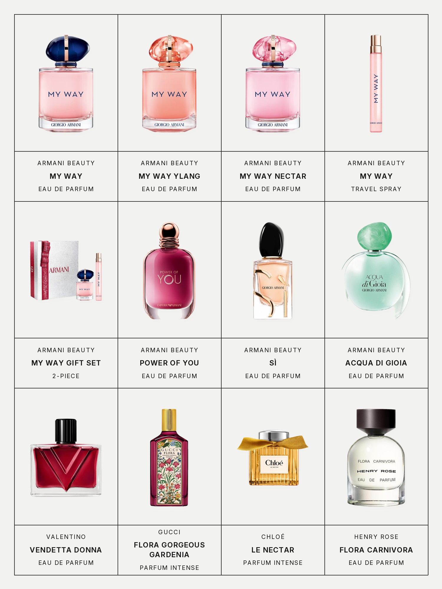 Twelve boxes on a pale grey page, one for each product in this edit, each with its brand and name printed below: Armani Beauty My Way Eau de Parfum with Vanilla & Orange Blossom and Tuberose, Armani Beauty My Way Ylang Eau de Parfum, Armani Beauty My Way Eau de Parfum Nectar with Vanilla & Pear, Armani Beauty My Way Eau de Parfum Travel Spray with Vanilla & Orange Blossom and Tuberose, Armani Beauty My Way Eau de Parfum 2-Piece Women's Fragrance Holiday Gift Set, Armani Beauty Power of You Eau de Parfum with Passion Fruit, Armani Beauty Sì Eau de Parfum with Vanilla & Blackcurrant and Rose, Armani Beauty Acqua di Gioia Eau de Parfum with Fresh Lemon & Water Jasmine, Valentino Vendetta Donna Eau de Parfum With Tuberose, Gucci Flora Gorgeous Gardenia Eau de Parfum Intense with Sandalwood and White Florals, Chloé Le Nectar Parfum Intense with Bergamot & Orange Blossom and Henry Rose Flora Carnivora Eau de Parfum with Jasmine + Tuberose.